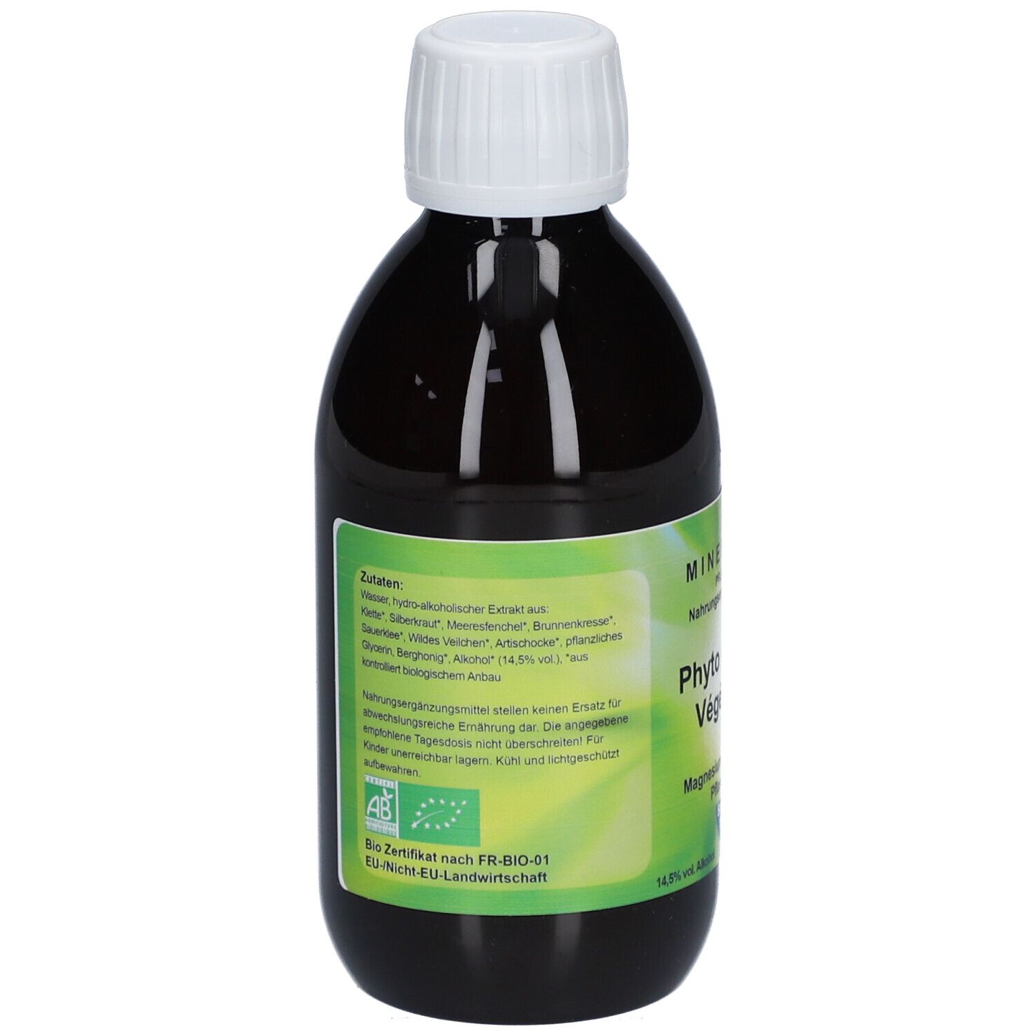 Braune Flasche mit weißem Deckel. Etikett mit Zutaten und Bio-Siegel. 250 ml.