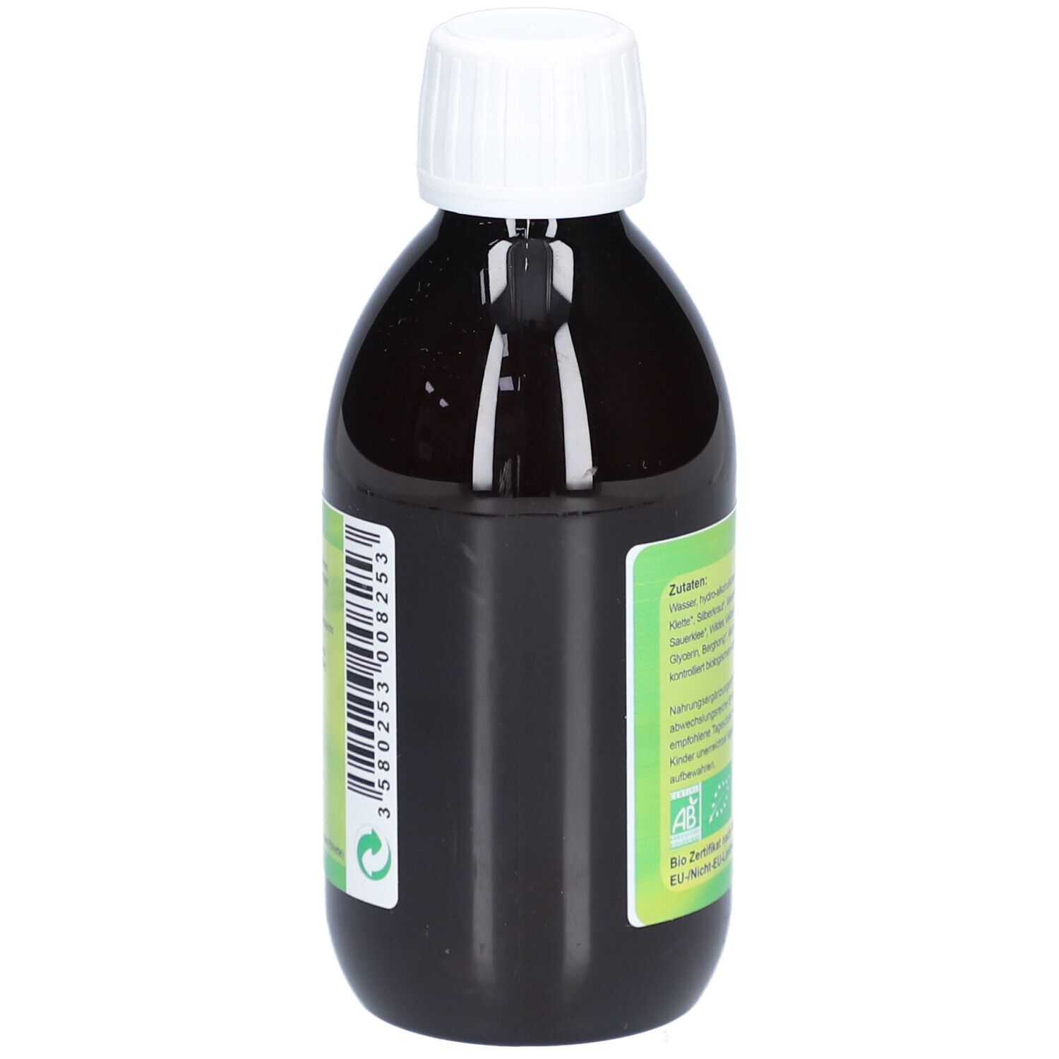 Braune Flasche mit weißem Deckel. Etikett mit Barcode und Inhaltsangaben. 250 ml.