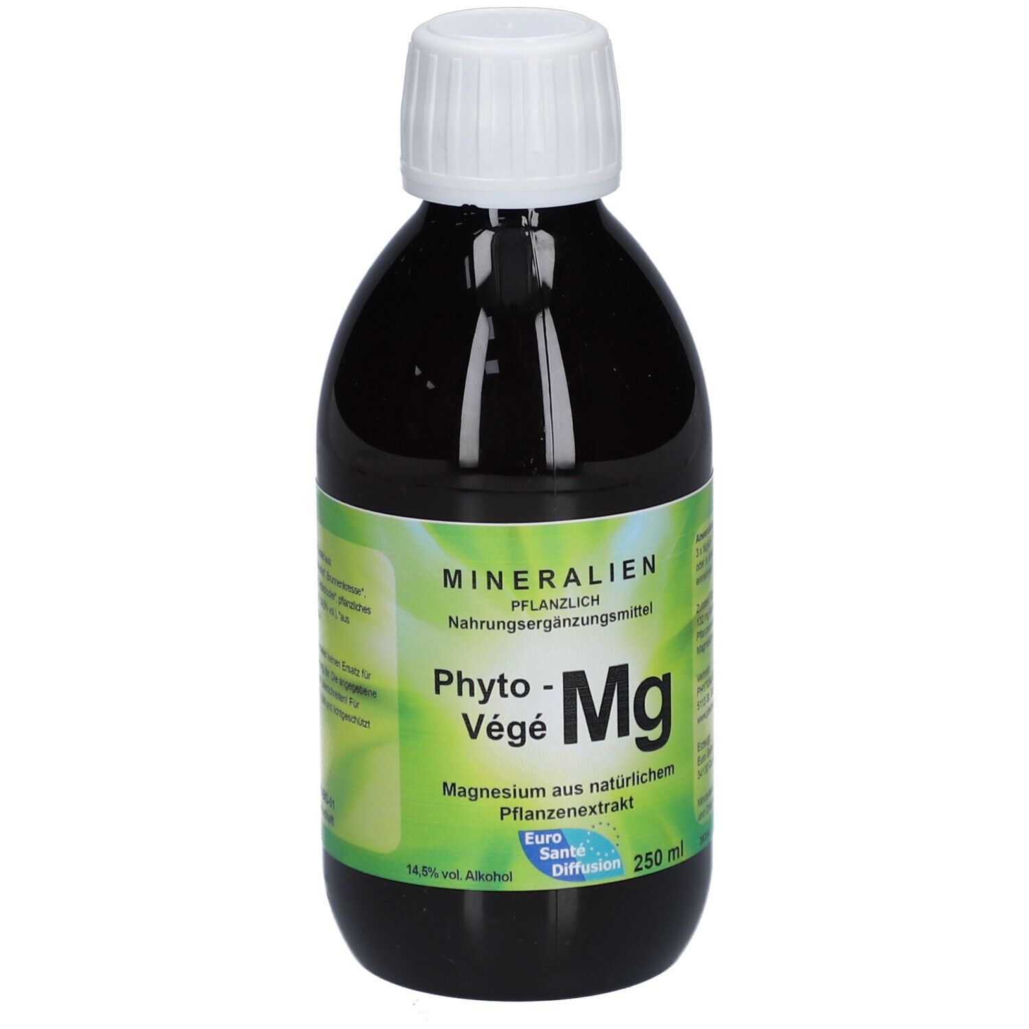Braune Flasche mit weißem Deckel. Etikett mit Produktnamen und Inhaltsangaben. 250 ml.