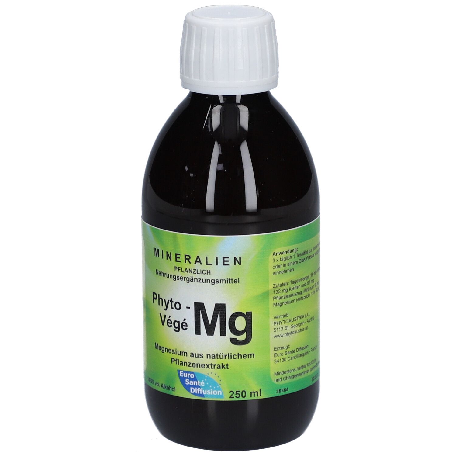 Braune Flasche mit weißem Deckel. Etikett mit Produktnamen und Inhaltsangaben. 250 ml.