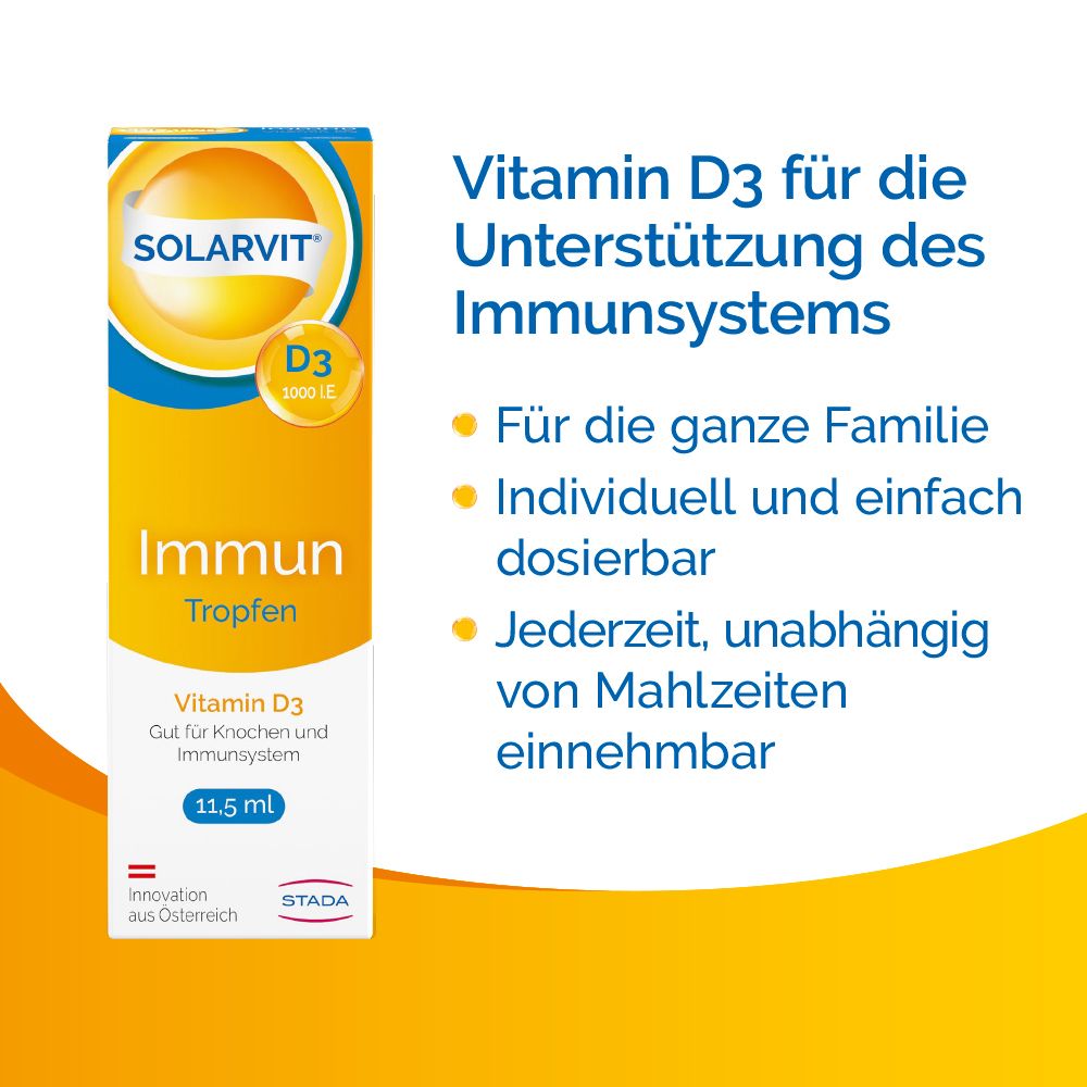 Solarvit Immun Tropfen, Vitamin D3 für Immunsystem. Für die ganze Familie. Einfache Dosierung. Einnahme jederzeit.