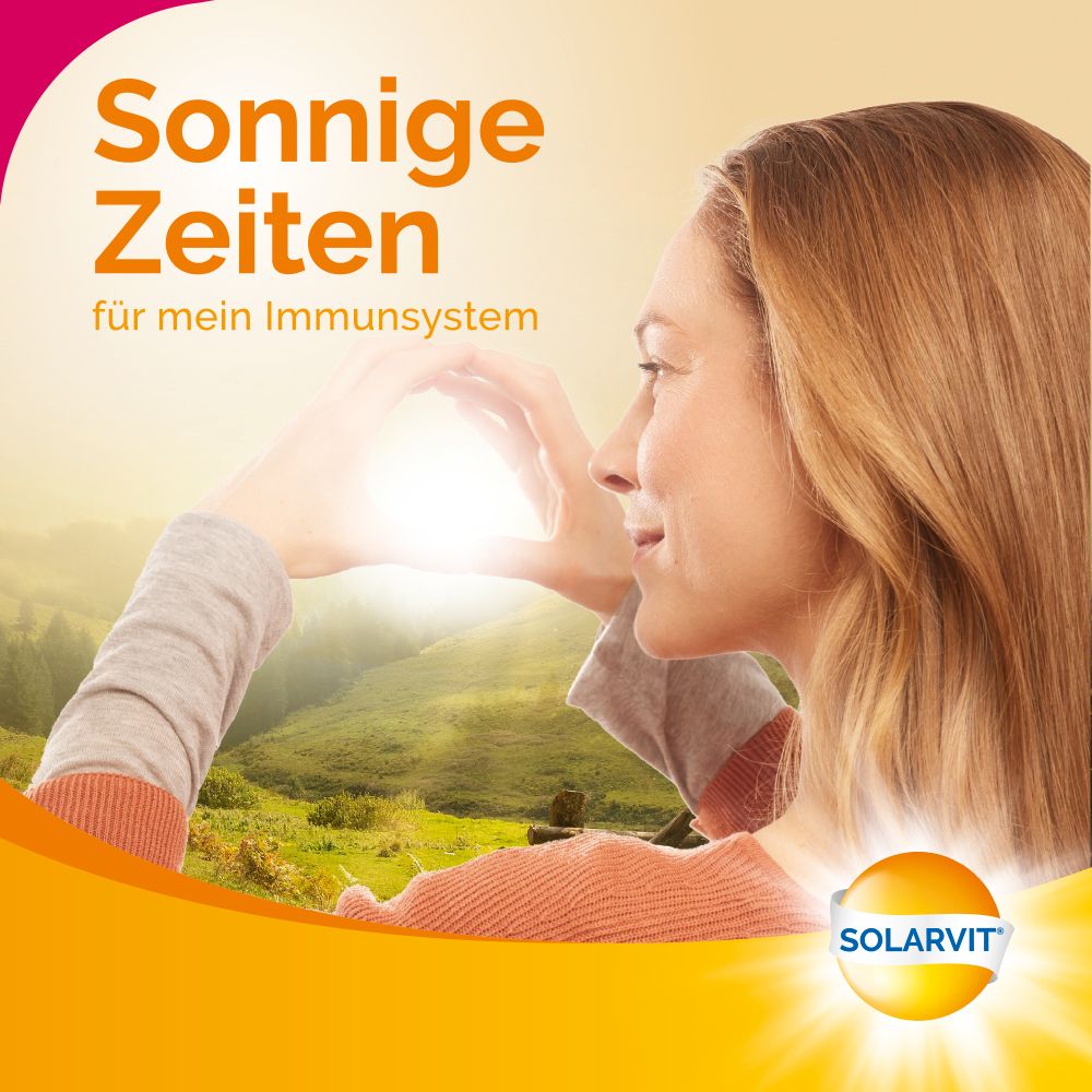 Frau formt Hände zur Sonne. Solarvit Logo. Text: Sonnige Zeiten für mein Immunsystem.