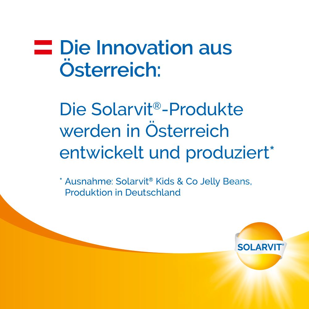Solarvit Logo. Text: Die Innovation aus Österreich. Produkte werden in Österreich entwickelt und produziert.