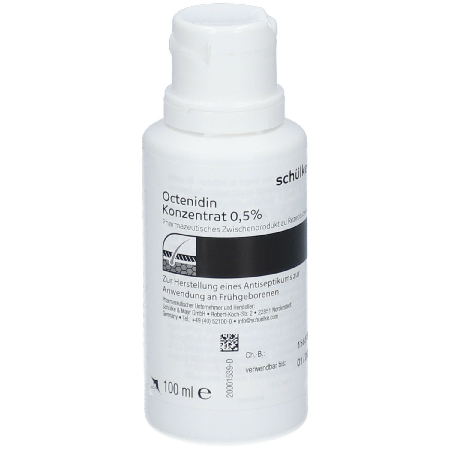 Weiße Flasche mit weißem Verschluss. Beschriftung: Octenidin Konzentrat 0,5 %. Aufdruck: 100 ml.