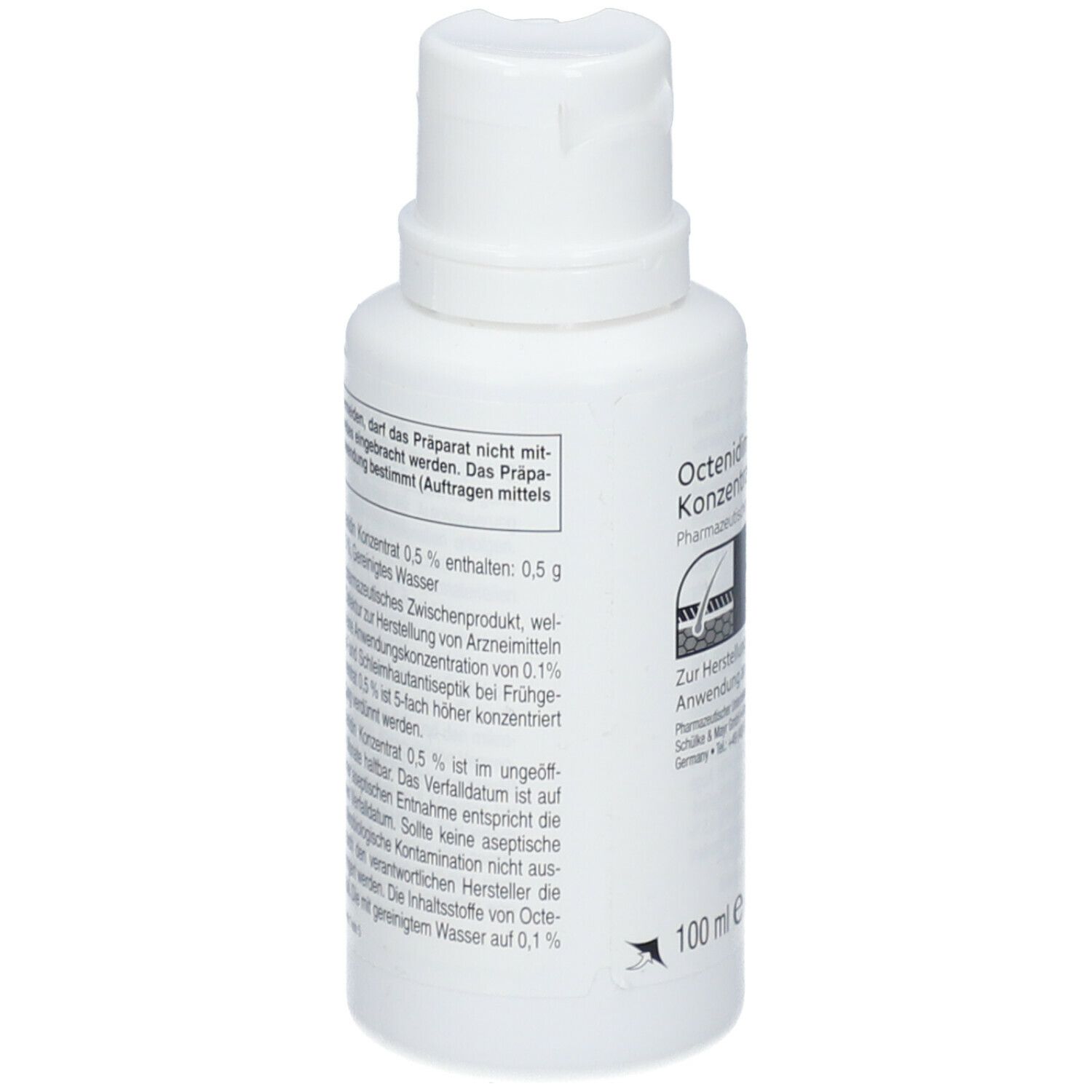 Weiße Flasche mit weißem Verschluss. Text: Octenidin Konzentrat 0,5 %. Aufdruck: 100 ml. Detailansicht der Produktinformationen.