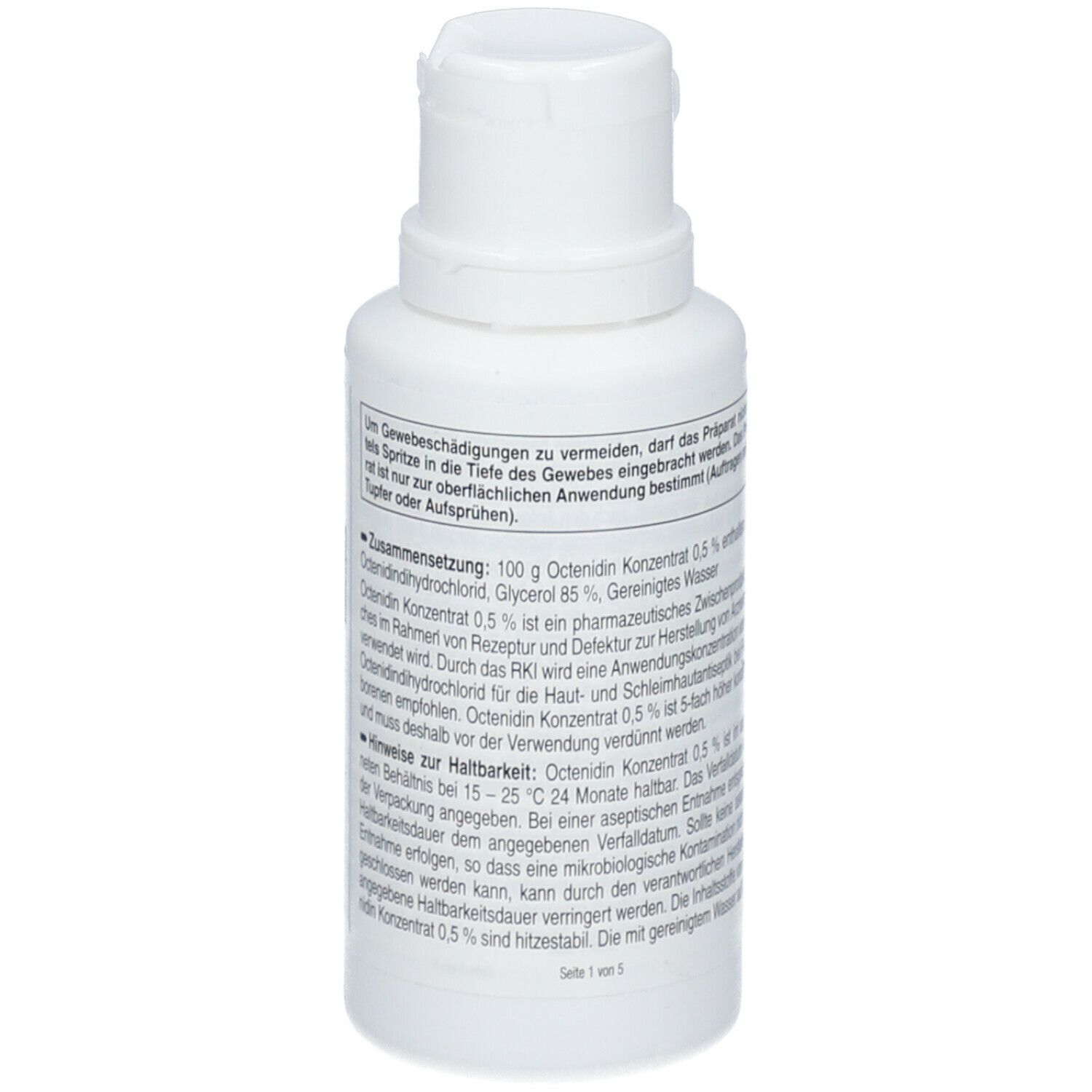 Weiße Flasche mit weißem Verschluss. Text: Octenidin Konzentrat 0,5 %. Detailansicht der Produktinformationen, Seite 1 von 3.