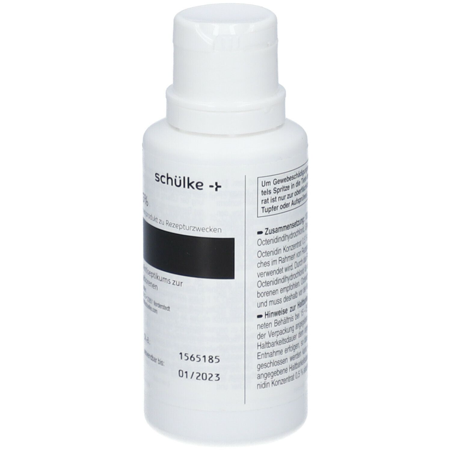 Weiße Flasche mit weißem Verschluss. Text: Octenidin Konzentrat 0,5 %. Aufdruck: 01/2023. Detailansicht der Produktinformationen.