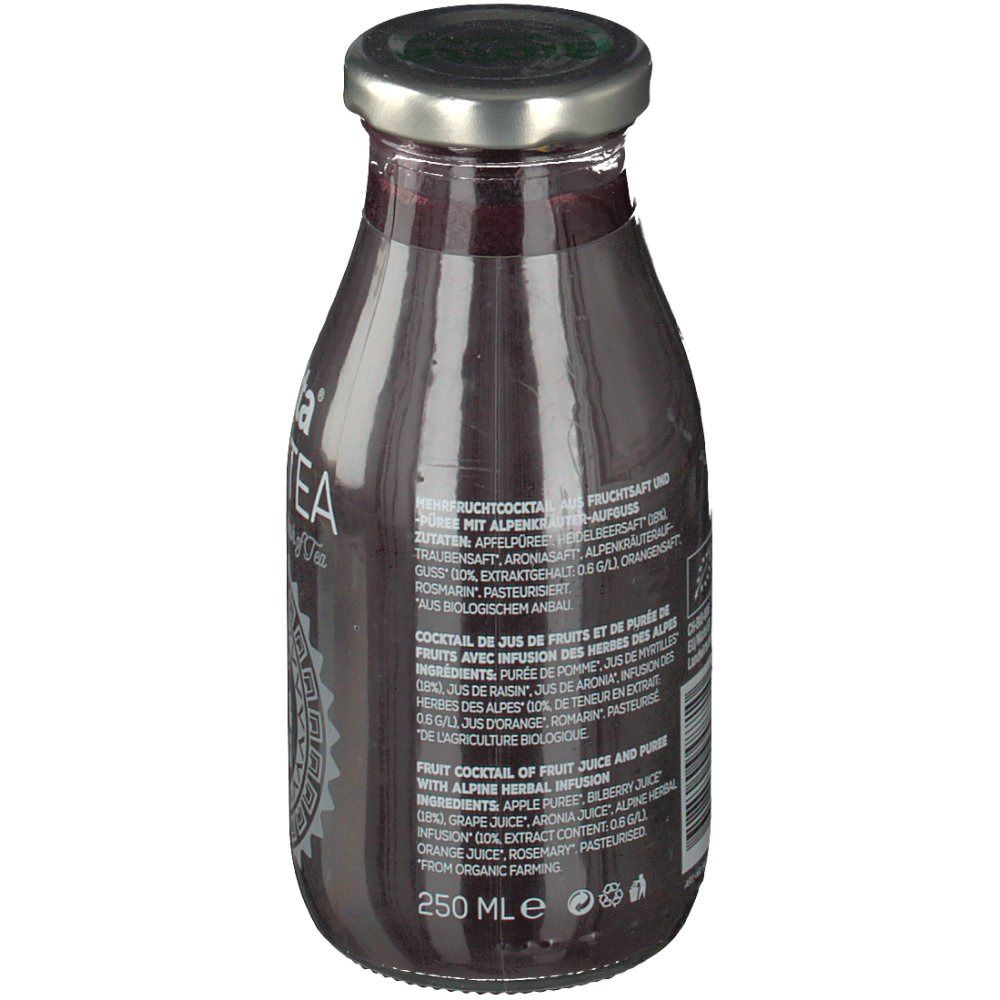 Rückseite der Glasflasche mit Zutatenliste und Nährwertangaben. Text in Deutsch, Französisch und Englisch. 250 ml.