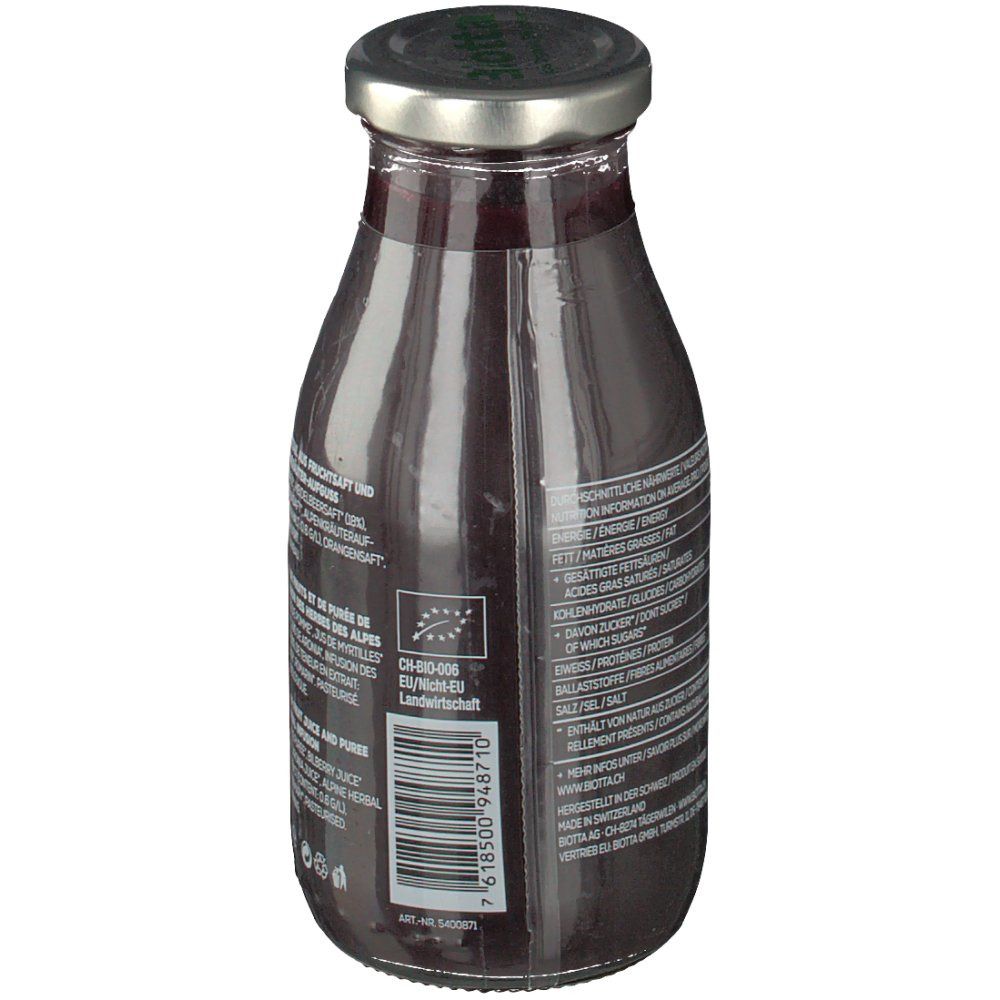 Rückseite der Glasflasche mit Zutatenliste, Nährwertangaben und Bio-Siegel. Barcode und weitere Informationen.