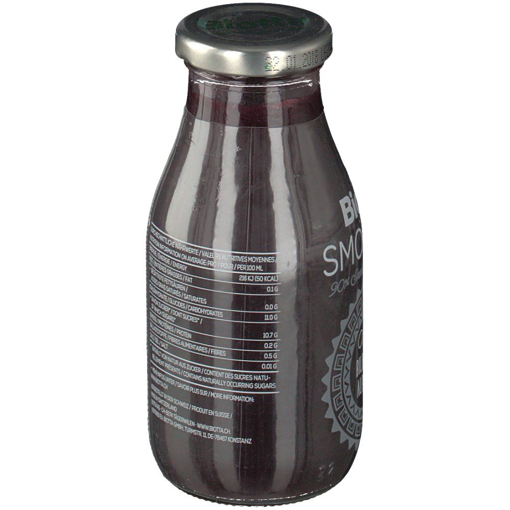 Glasflasche mit Nährwertangaben. Text in Deutsch, Französisch und Englisch. Deckel silberfarben. Etikett mit Logo.