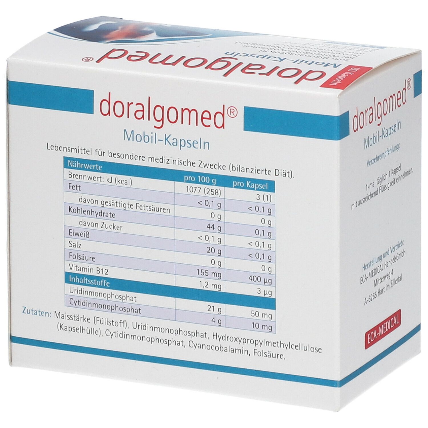Weißer Karton mit "doralgomed® Mobil-Kapseln"-Logo. Text: Nährwerte, Zutaten, ECA-MEDICAL Logo.
