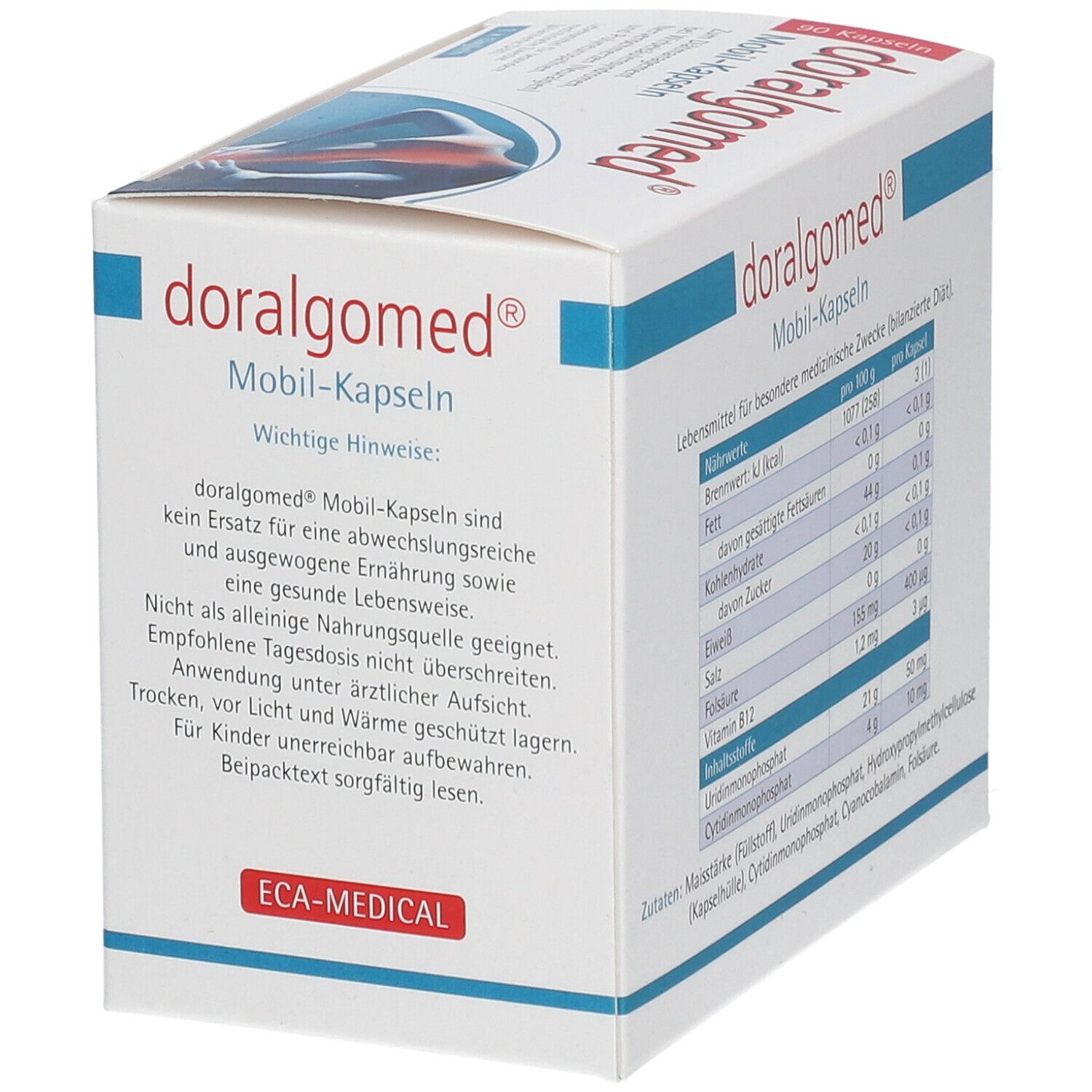 Weißer Karton mit "doralgomed® Mobil-Kapseln"-Logo. Text: Wichtige Hinweise, ECA-MEDICAL Logo.
