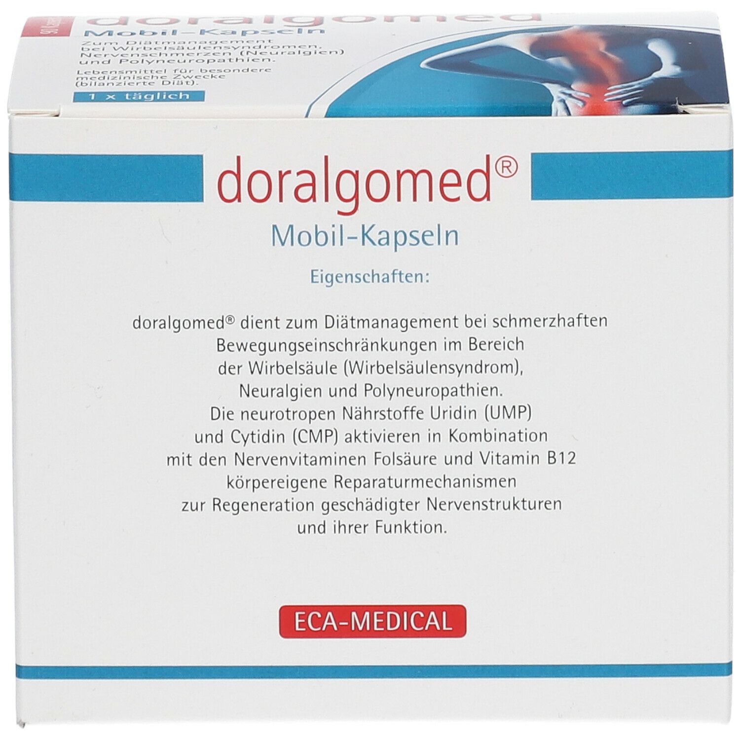 Weißer Karton mit "doralgomed® Mobil-Kapseln"-Logo. Text: Eigenschaften, ECA-MEDICAL Logo.