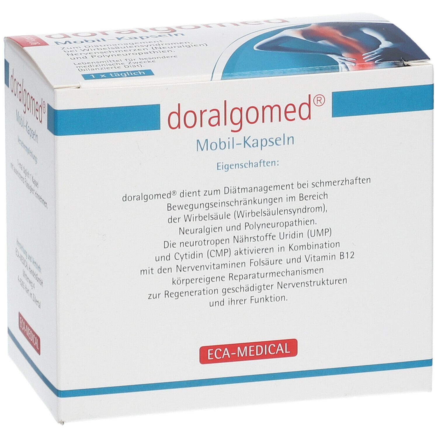 Weißer Karton mit "doralgomed® Mobil-Kapseln"-Logo. Text: Eigenschaften, ECA-MEDICAL Logo.