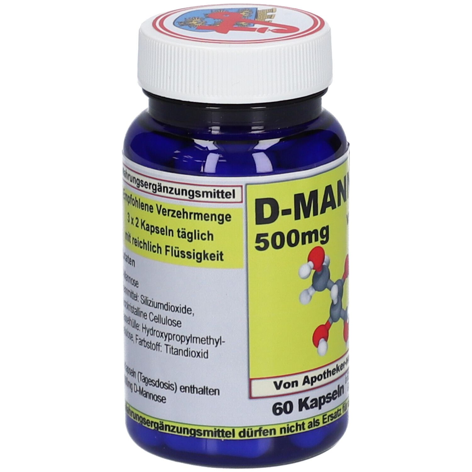 Rückseite eines blauen Behälters mit D-Mannose 500mg VEGI CAPS. Enthält Zutatenliste und Anwendungshinweise.
