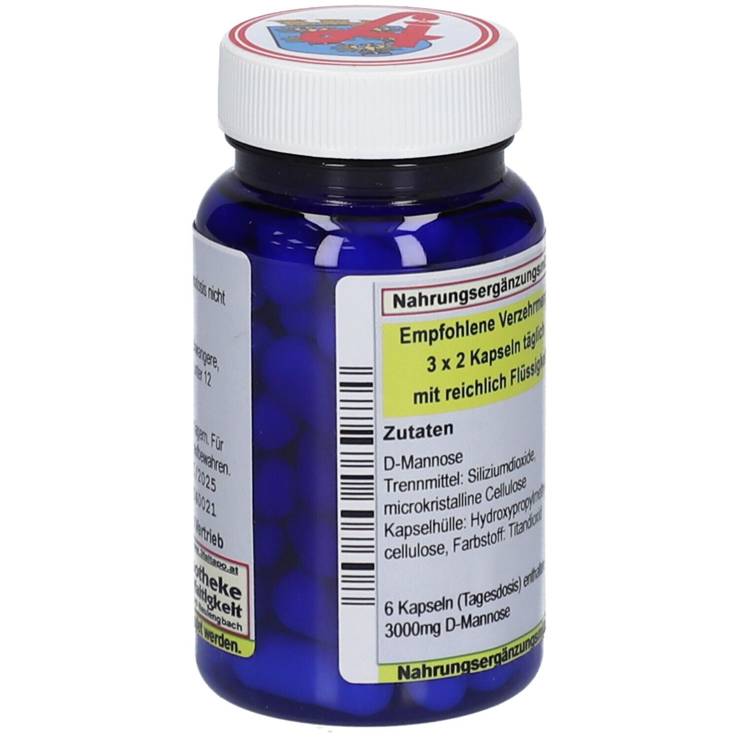 Seitenansicht eines blauen Behälters mit D-Mannose 500mg VEGI CAPS. Enthält Zutaten und Hinweise.