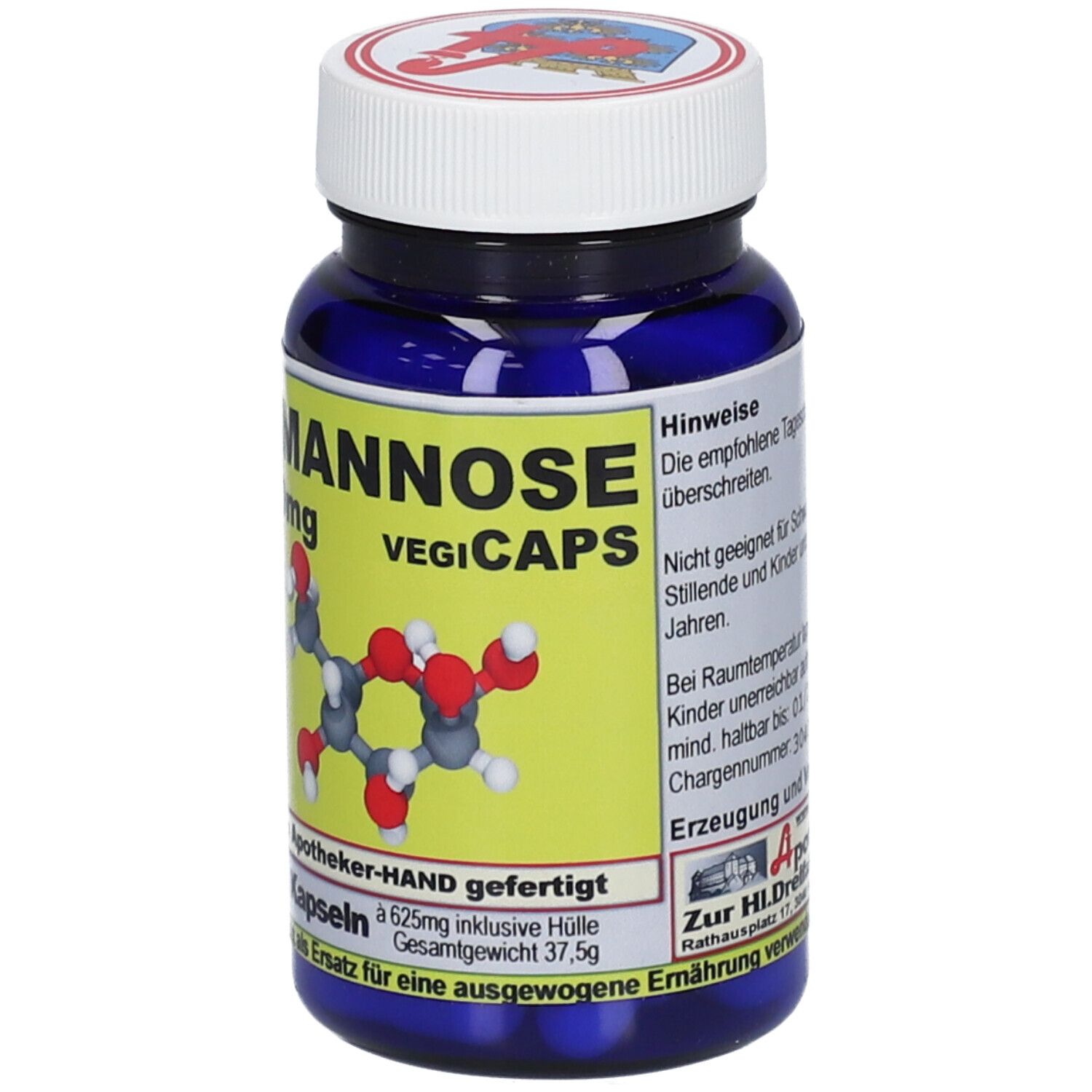 D-Mannose 500mg VEGI CAPS in blauem Behälter. Vorderseite mit chemischer Strukturformel und 60 Kapseln.