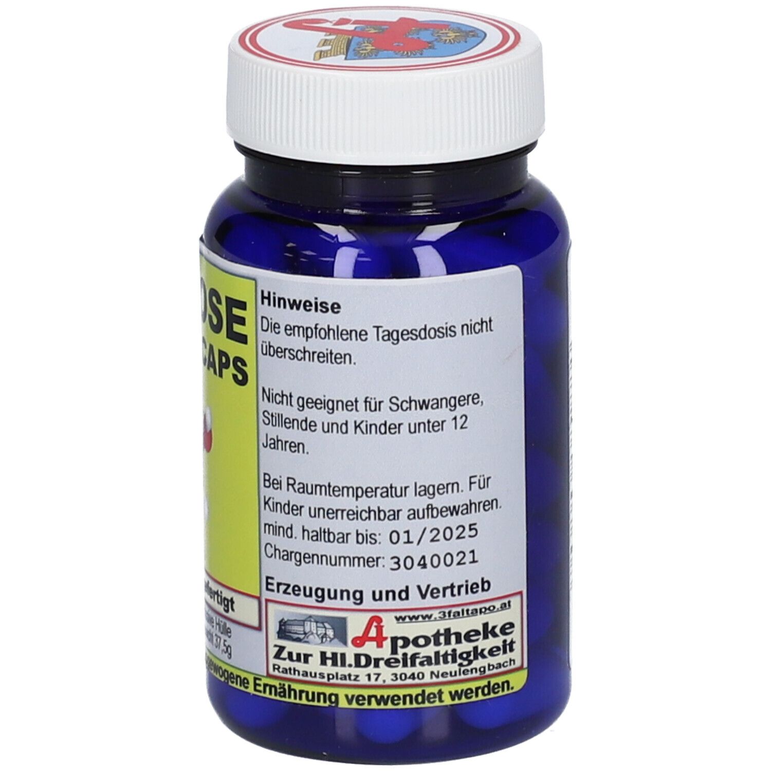 Rückseite eines blauen Behälters mit D-Mannose 500mg VEGI CAPS. Hinweise zur Lagerung und Haltbarkeit.