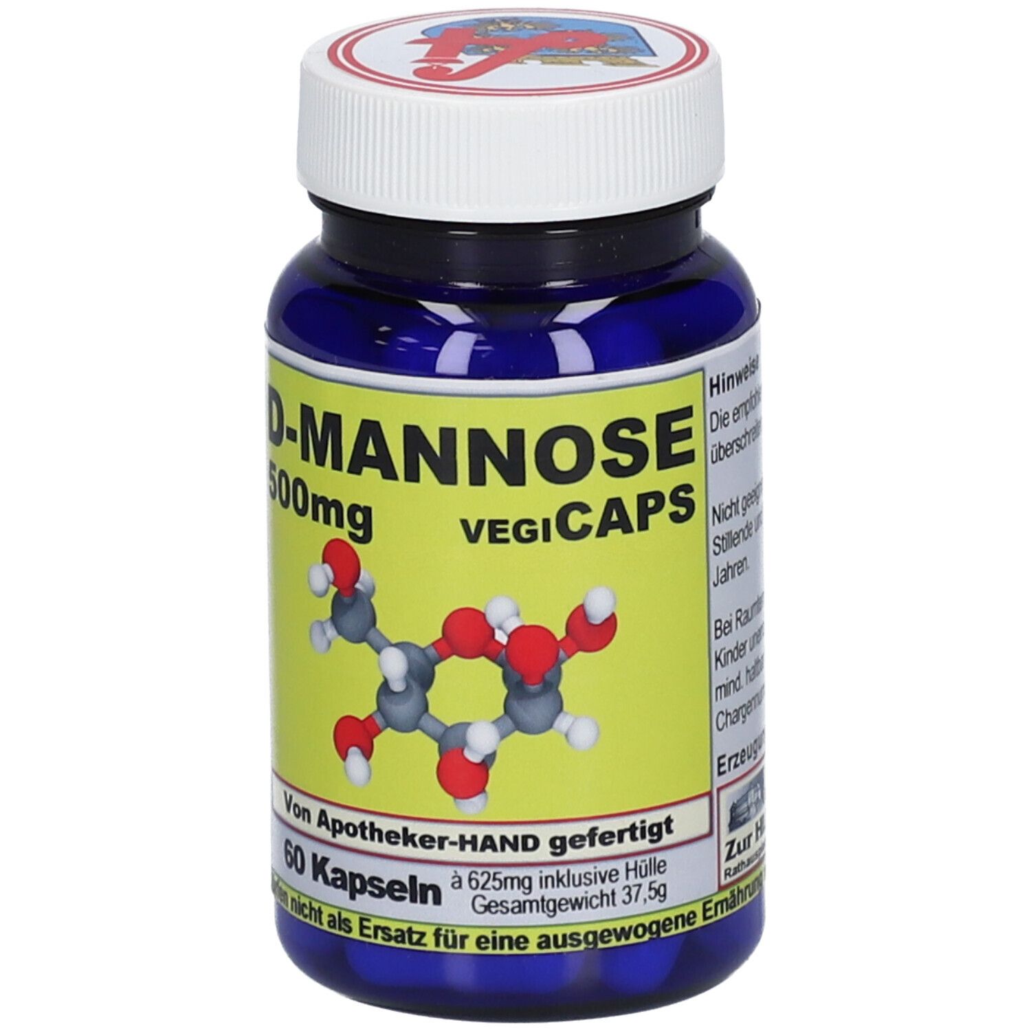 D-Mannose 500mg VEGI CAPS in blauem Behälter. Vorderseite mit chemischer Strukturformel und 60 Kapseln.