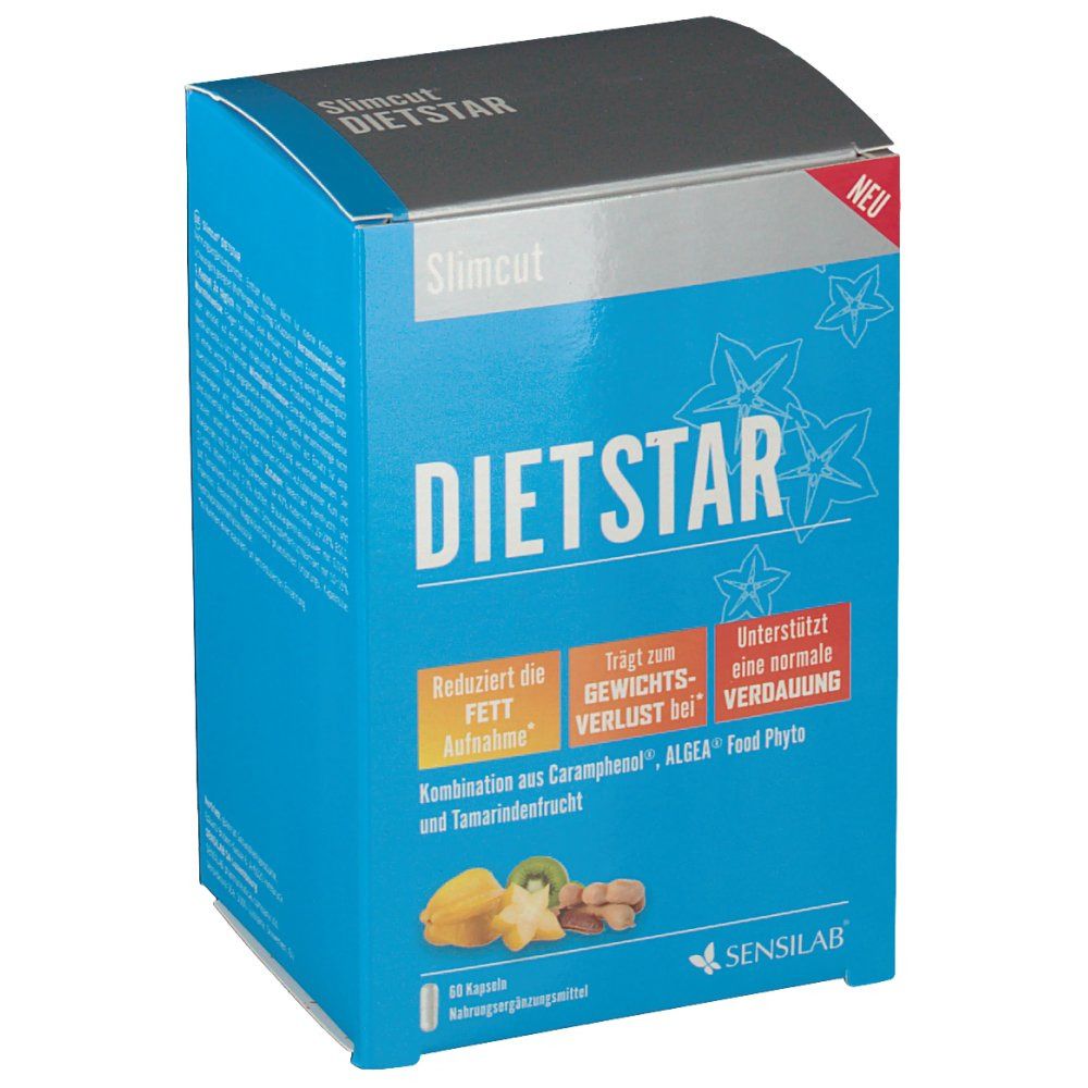 Blaue Schachtel mit "Slimcut DIETSTAR"-Logo. Text: "Reduziert die Fettaufnahme", "Trägt zum Gewichtsverlust bei", "Unterstützt eine normale Verdauung".