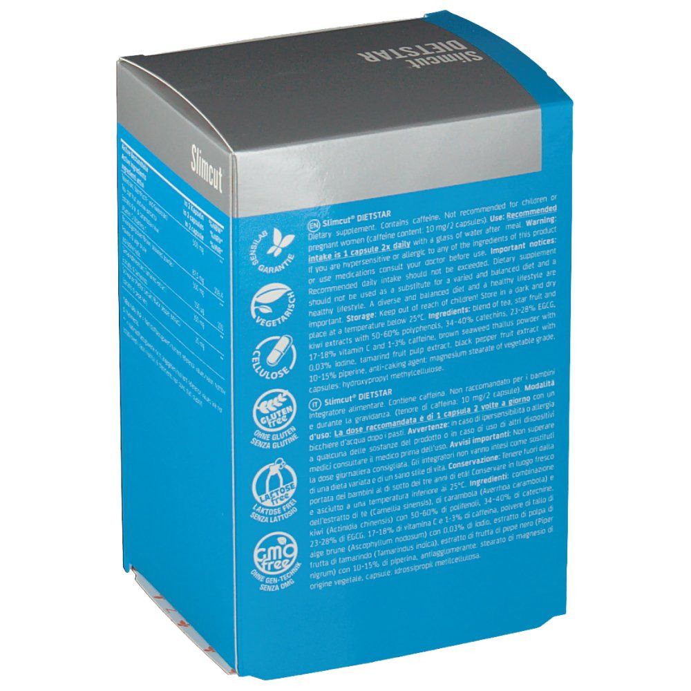 Blaue Schachtel, Seitenansicht. Text: "Slimcut DIETSTAR". Enthält Informationen zu Inhaltsstoffen, Gebrauchsanweisung und Warnhinweisen.