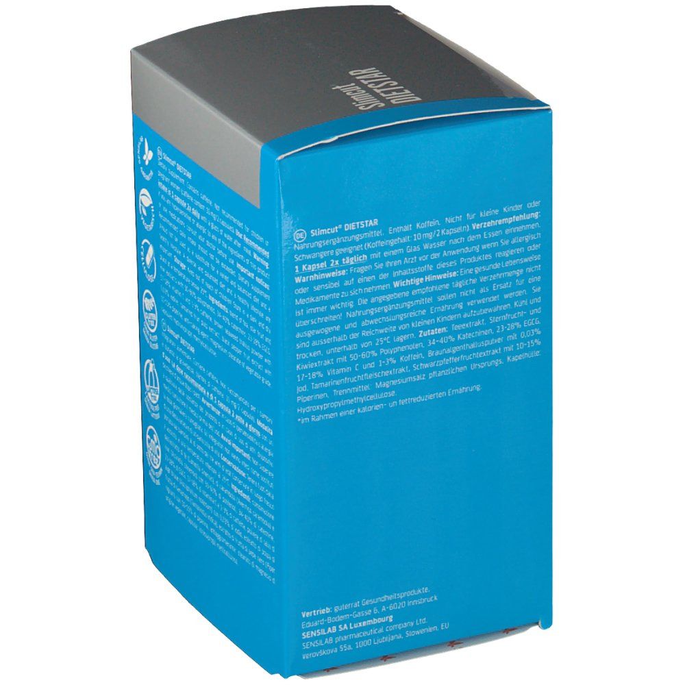 Blaue Schachtel, schräge Seitenansicht. Text: "Slimcut DIETSTAR". Enthält Informationen zu Inhaltsstoffen, Gebrauchsanweisung und Warnhinweisen.