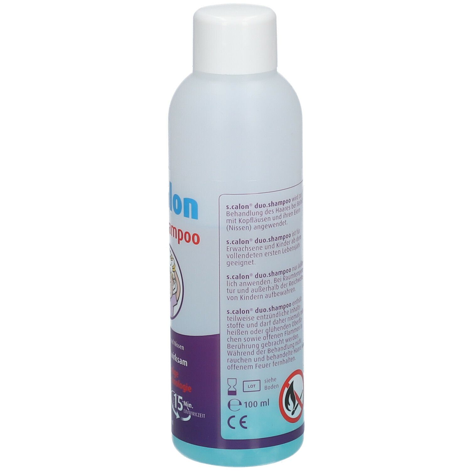 Rückseite der Flasche s.calon duo.shampoo. Textinformationen, Anwendungshinweise, CE-Kennzeichnung, 100 ml.