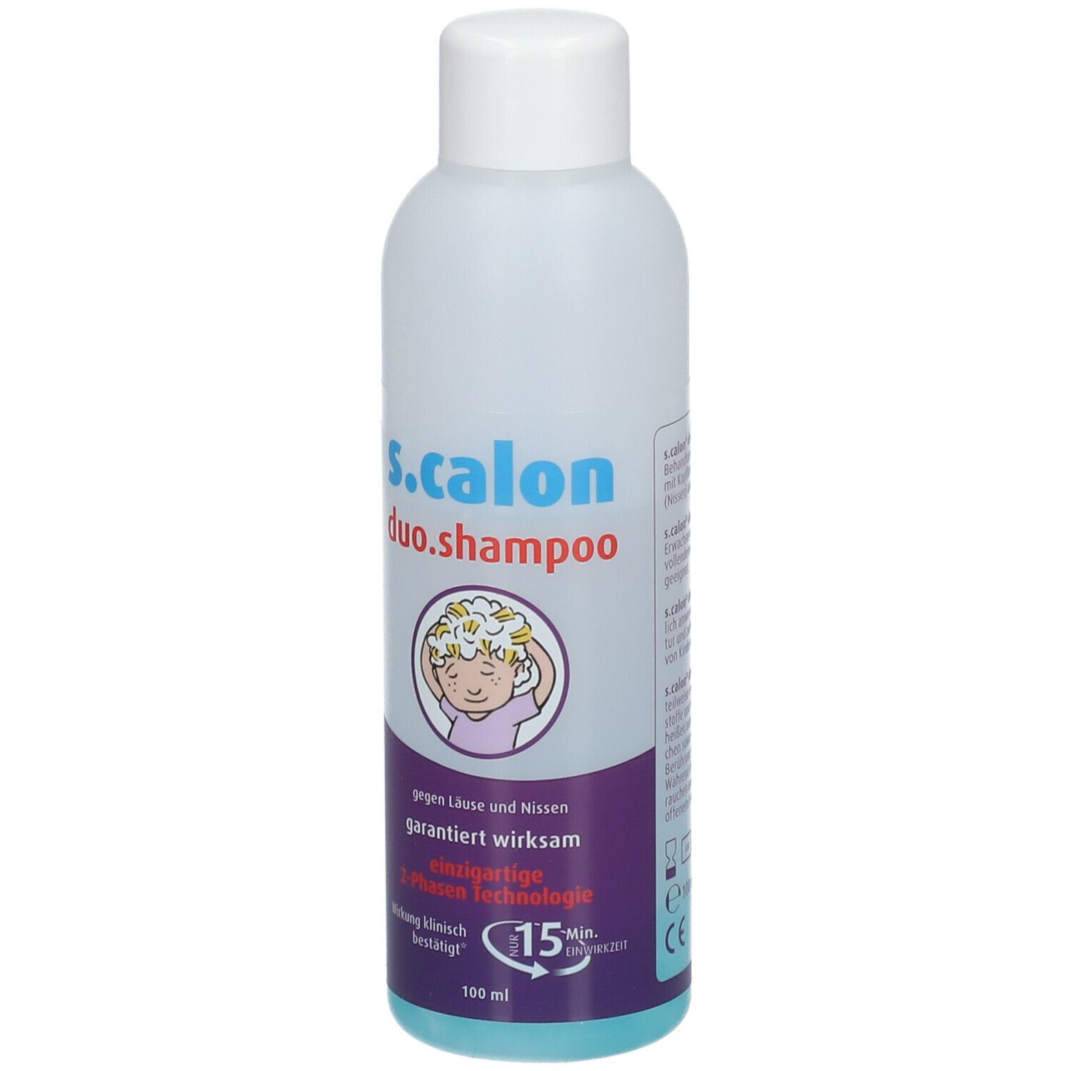 Flasche s.calon duo.shampoo. Aufschrift: gegen Läuse und Nissen, einzigartige 2-Phasen Technologie. 100 ml.
