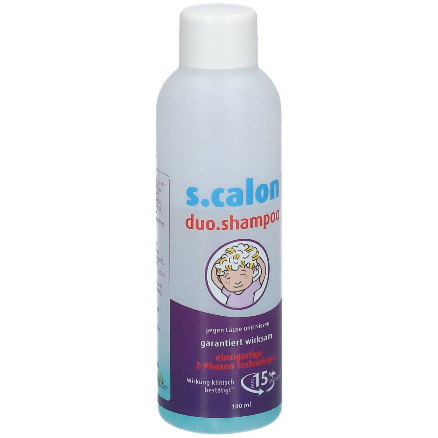 Flasche s.calon duo.shampoo. Aufschrift: gegen Läuse und Nissen, einzigartige 2-Phasen Technologie. 100 ml.