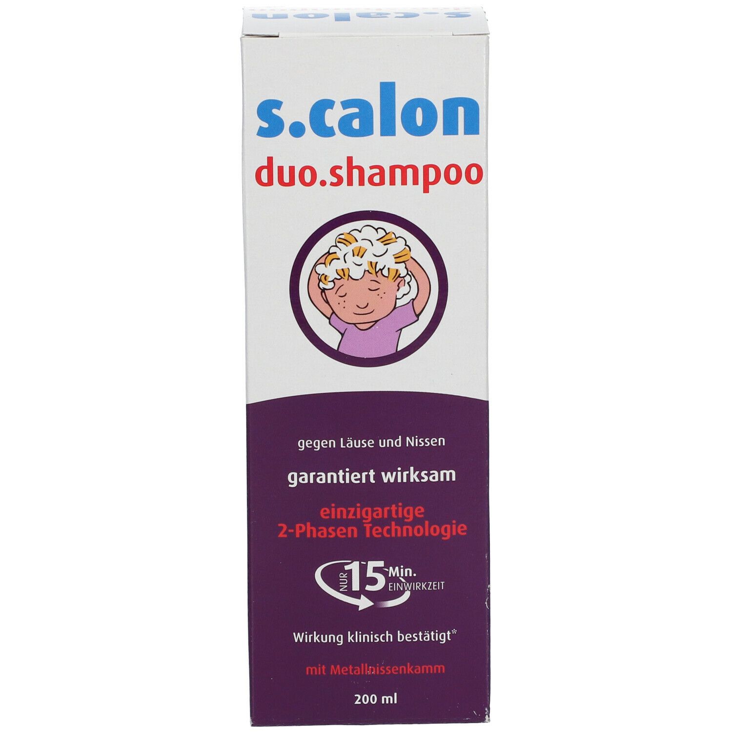 S.Calon Duo Shampoo Schachtel. Aufschrift: gegen Läuse und Nissen, garantiert wirksam. Mit Kamm.