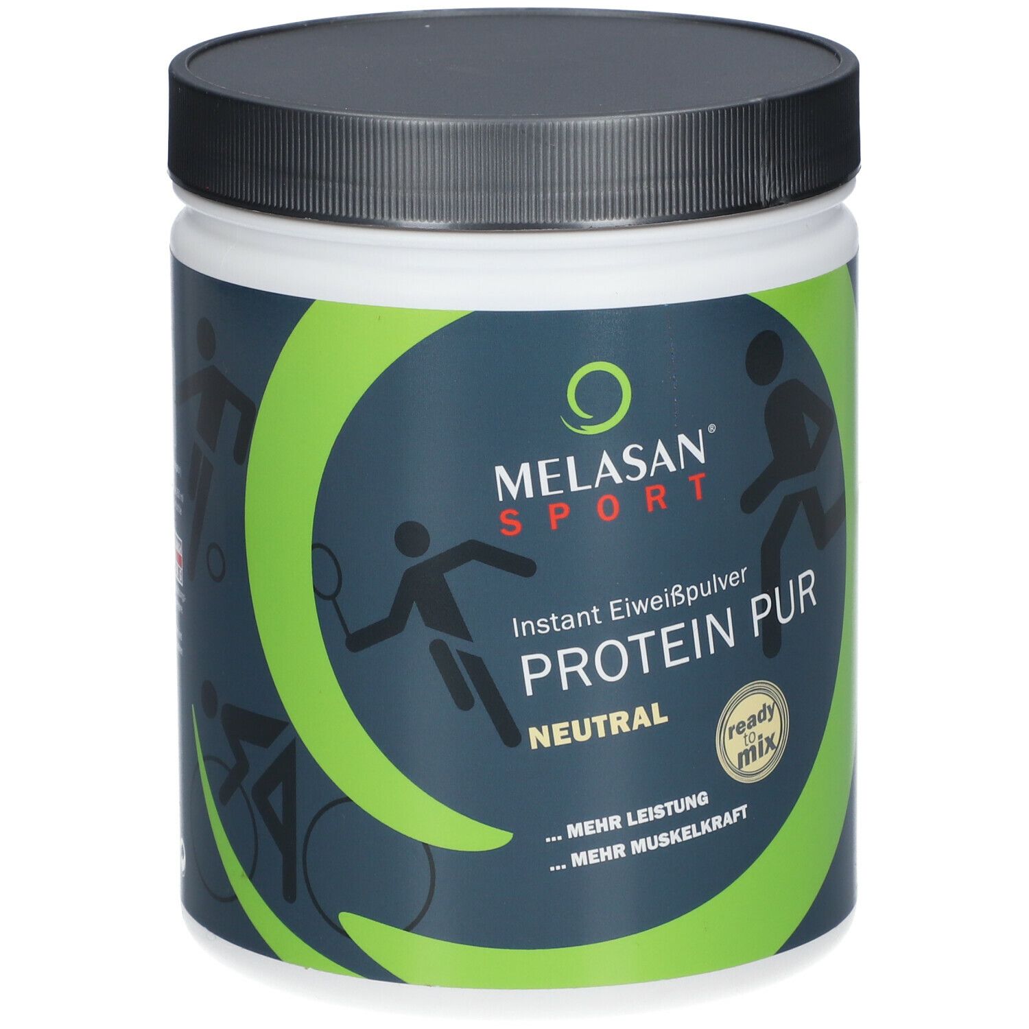 Weißes, zylindrisches Gefäß mit schwarzem Deckel. Aufschrift: MELASAN SPORT Protein PUR, neutral. Grüne und graue Elemente.