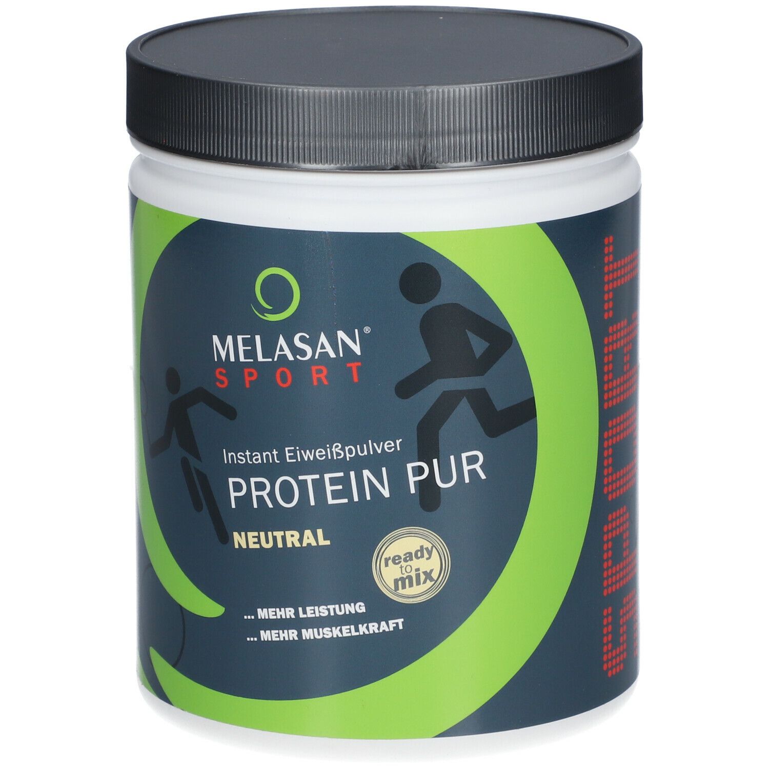 Weißes, zylindrisches Gefäß mit schwarzem Deckel. Aufschrift: MELASAN SPORT Protein PUR, neutral. Grüne und graue Elemente.