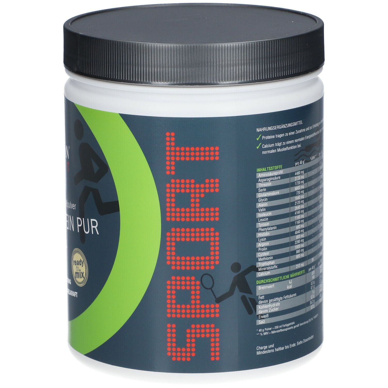 Weißes, zylindrisches Gefäß mit schwarzem Deckel. Aufschrift: SPORT, Protein PUR. Grüne und graue Elemente. Nährwerttabelle.