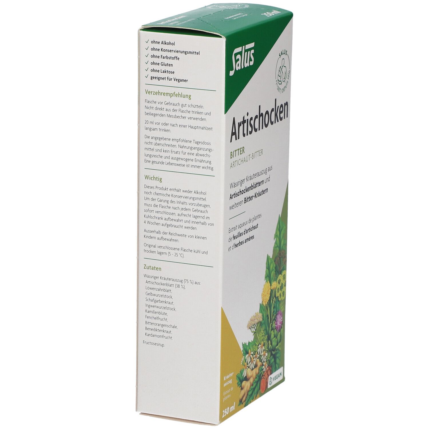 Rückseite der "Artischocken Bitter"-Verpackung. Enthält Informationen zu Inhaltsstoffen, Anwendung und Nährwerten. Vegan-Siegel.
