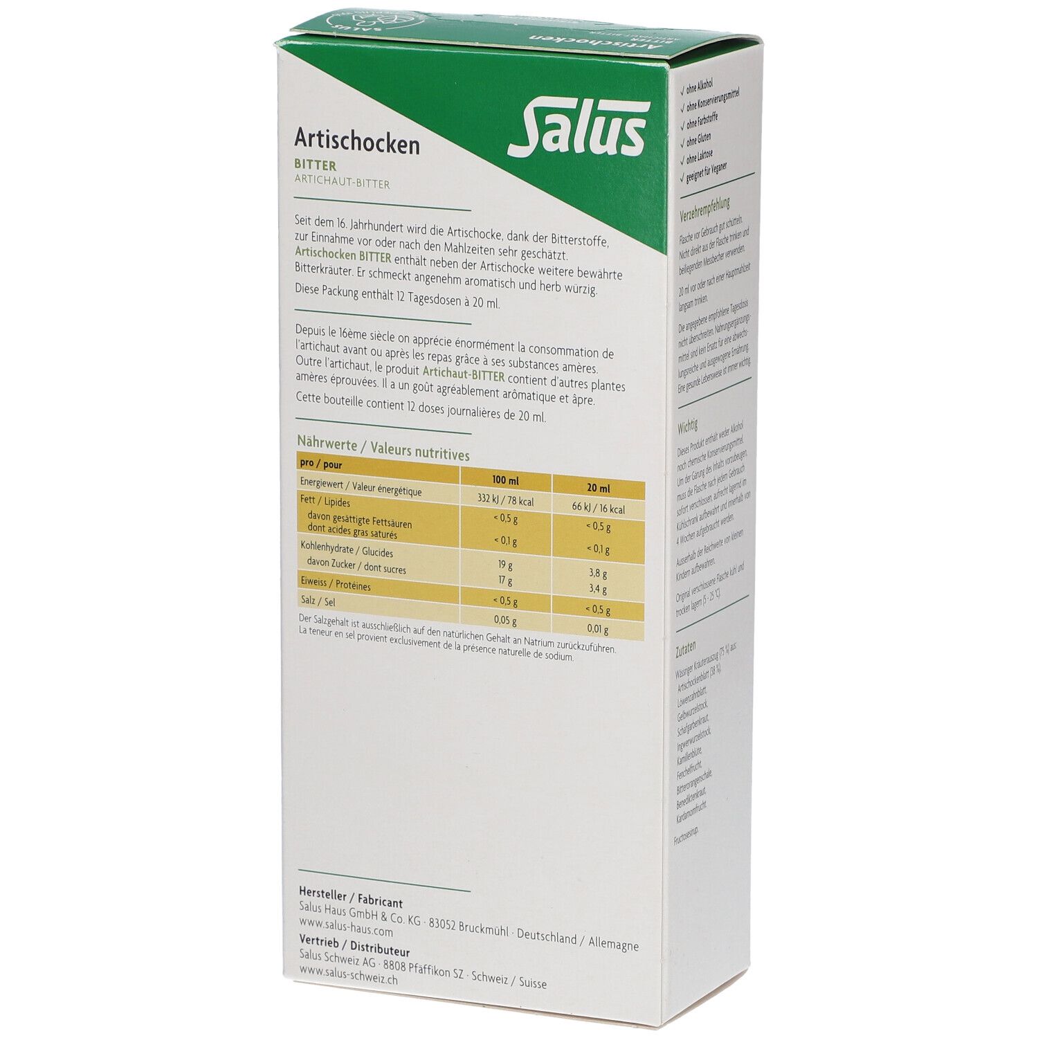 Seitenansicht der "Artischocken Bitter"-Verpackung mit Text über die Inhaltsstoffe und Nährwerte. Herstellerinformationen.