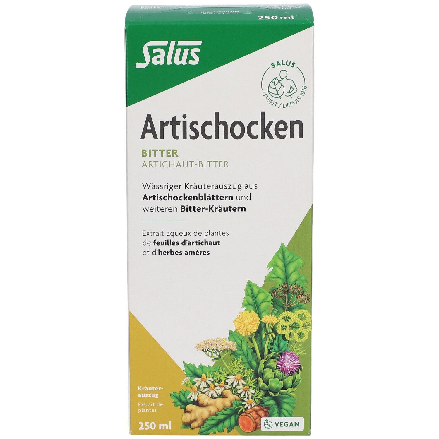 Vorderansicht der "Artischocken Bitter"-Verpackung. Grüner Deckel, weißer Hintergrund. Produktname und Logo deutlich sichtbar.