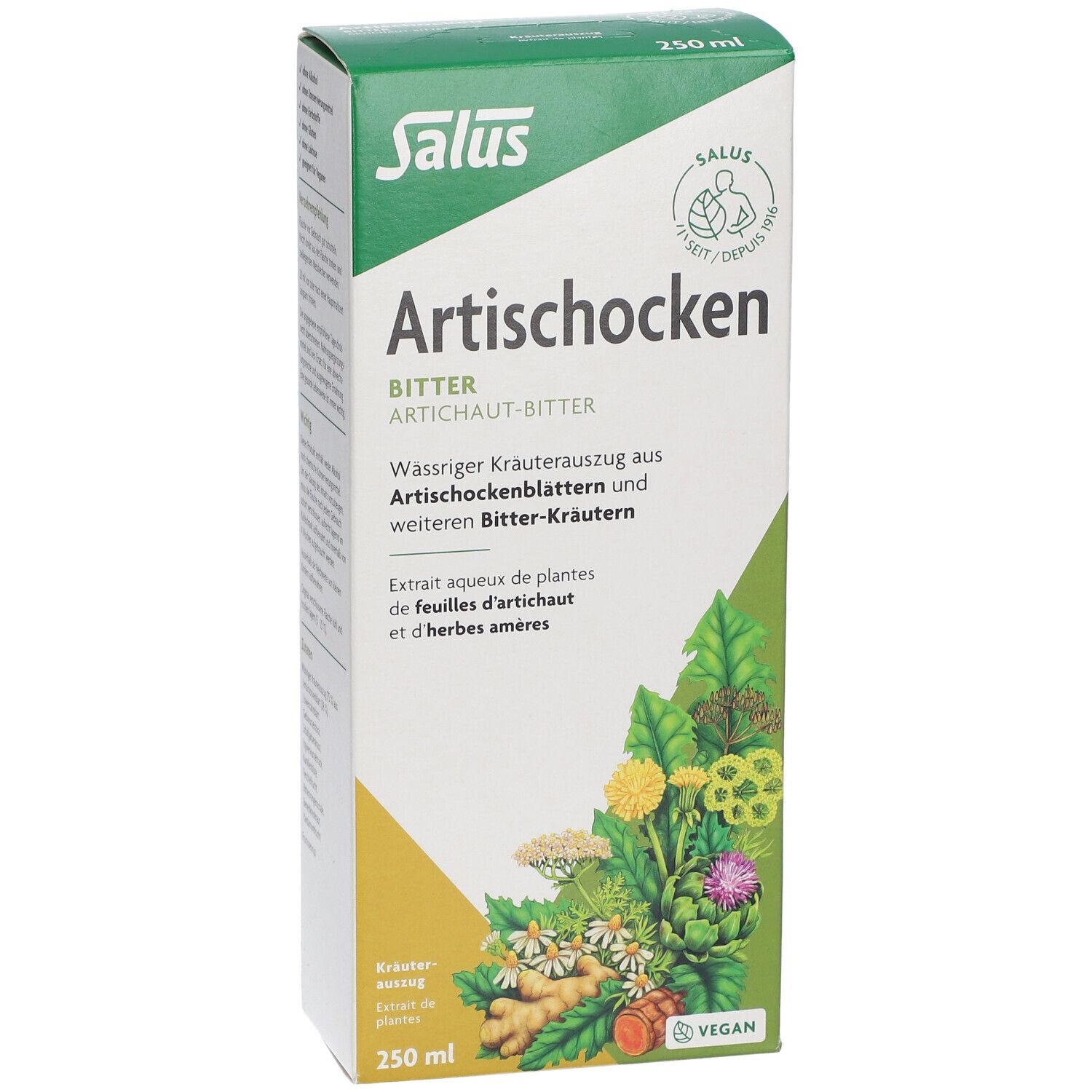Vorderansicht der "Artischocken Bitter"-Verpackung. Grüner Deckel, weißer Hintergrund. Produktname und Logo deutlich sichtbar.
