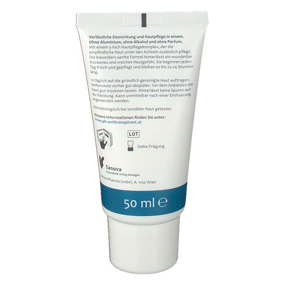 Weiße Tube mit blauer Schrift und Text. Aufschrift '50 ml e'.