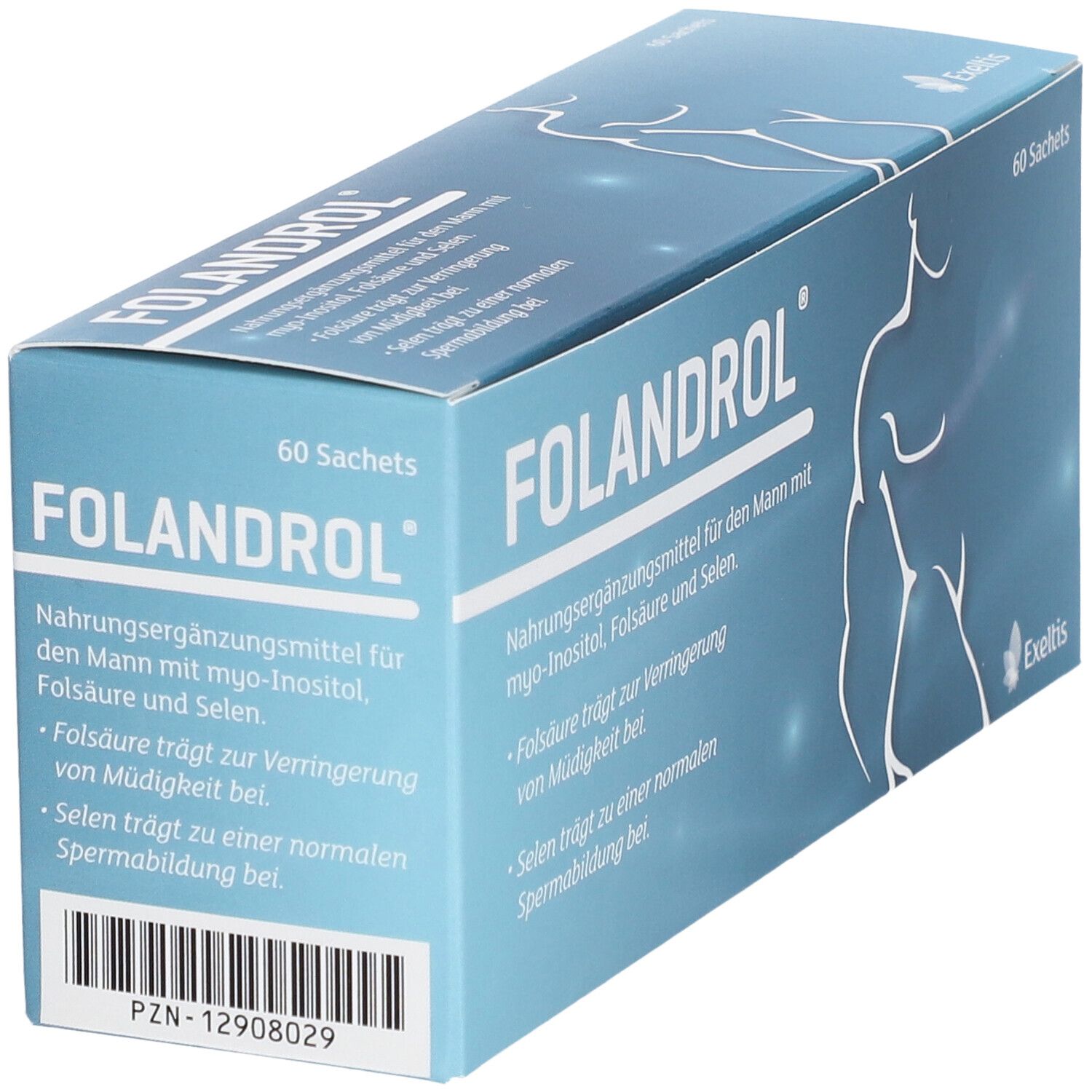 Faltschachtel mit Folandrol® für Männer, 60 Beutel. Enthält Myo-Inositol, Folsäure und Selen.