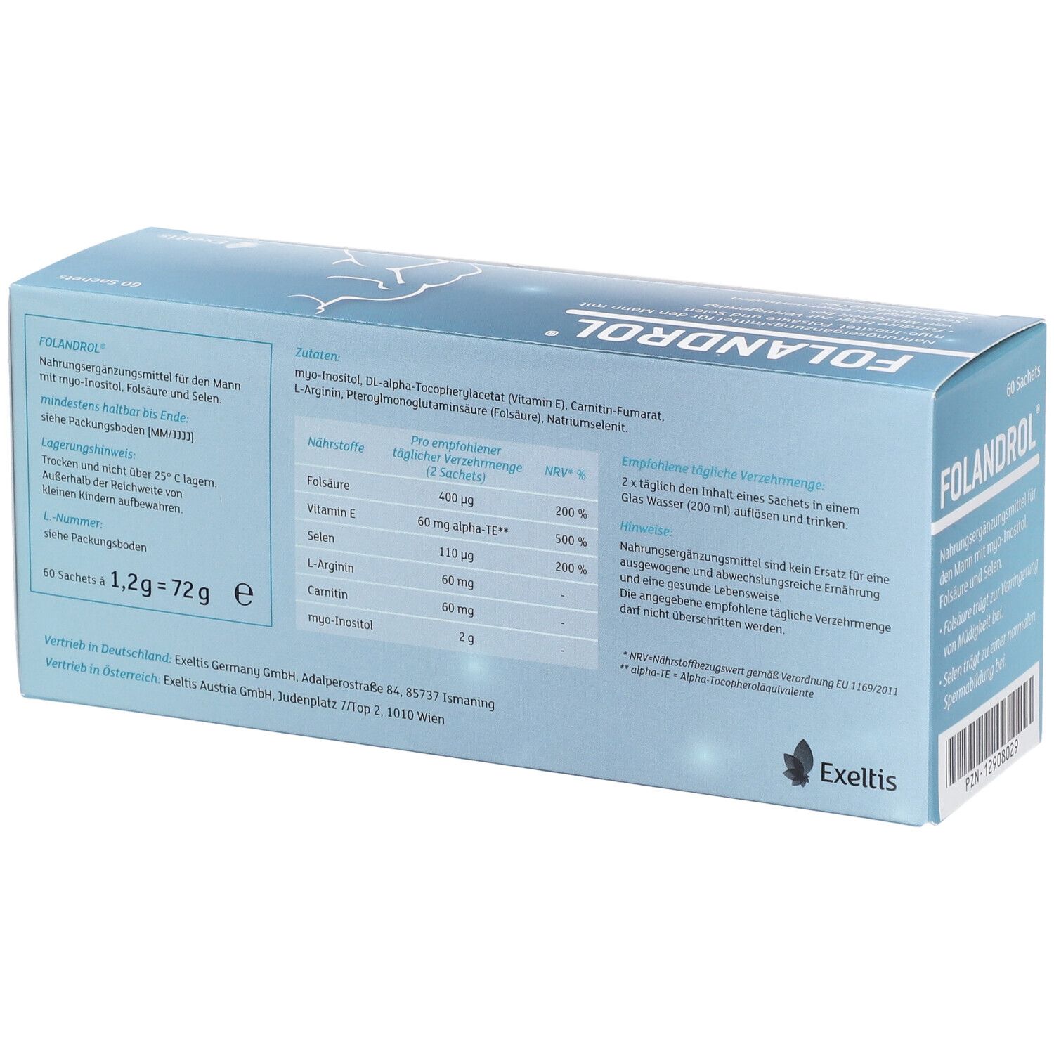 Rückseite einer Faltschachtel Folandrol®: Nährwertangaben, Inhaltsstoffe wie Folsäure, Selen, Vitamine.