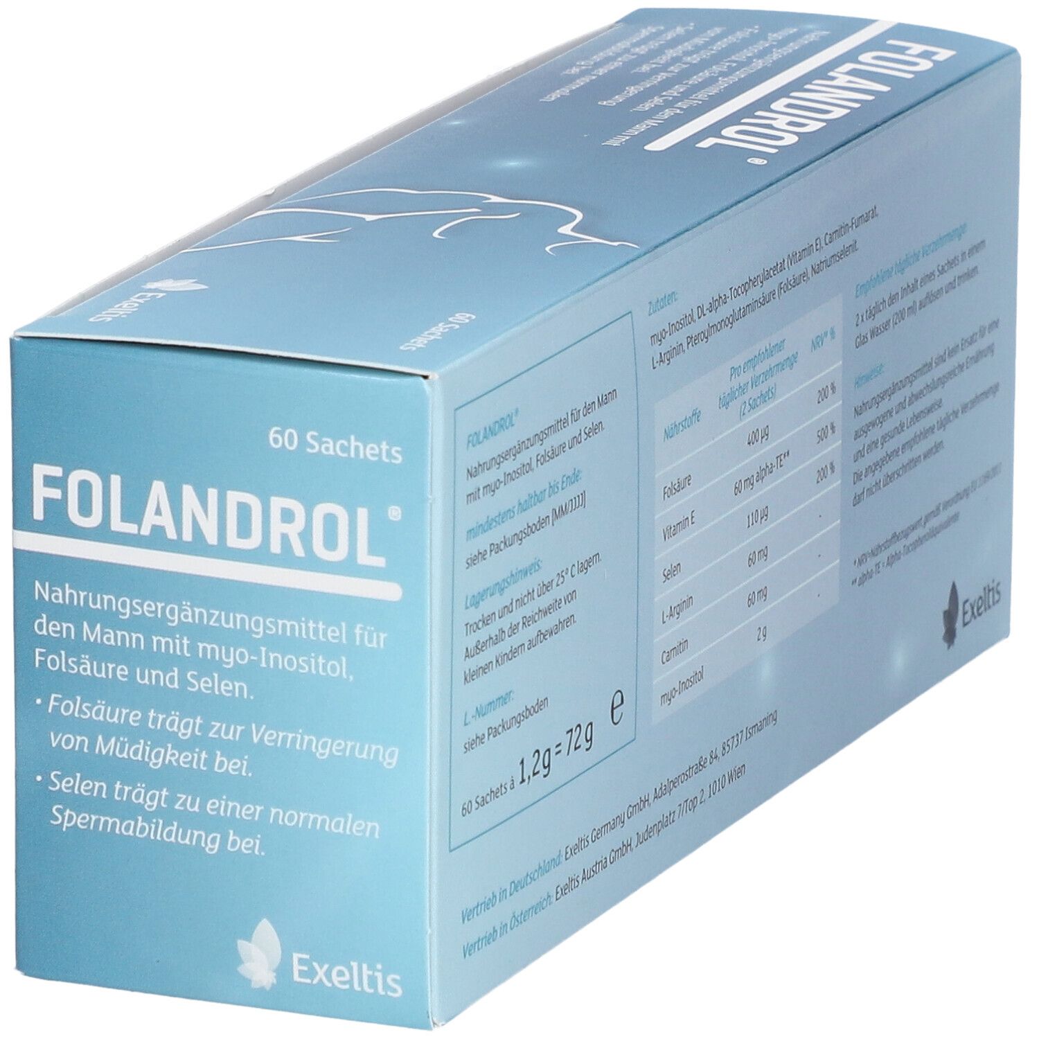 Faltschachtel Folandrol® für Männer, 60 Beutel. Enthält Myo-Inositol, Folsäure und Selen.