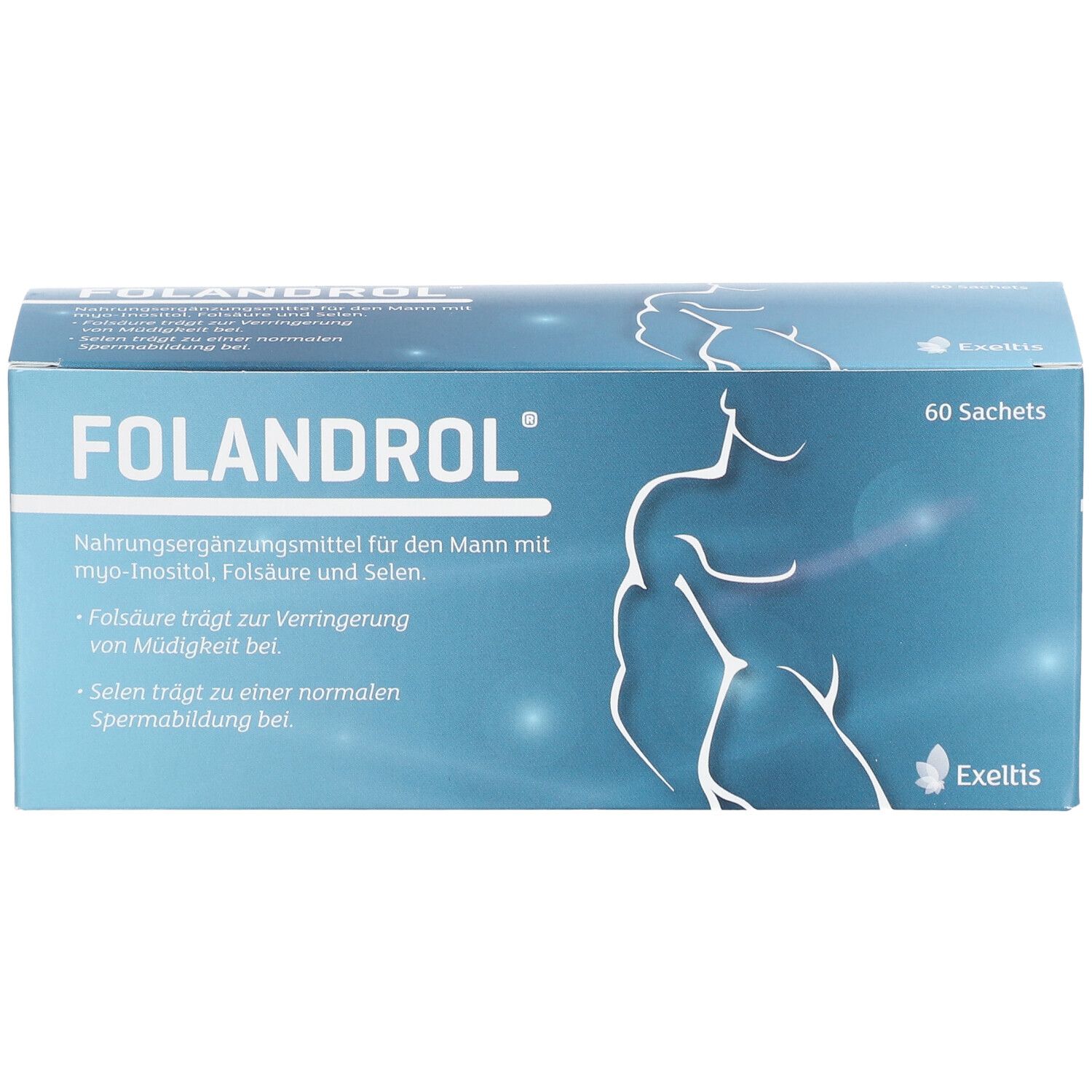 Faltschachtel mit Folandrol® für Männer, 60 Beutel. Enthält Myo-Inositol, Folsäure und Selen.