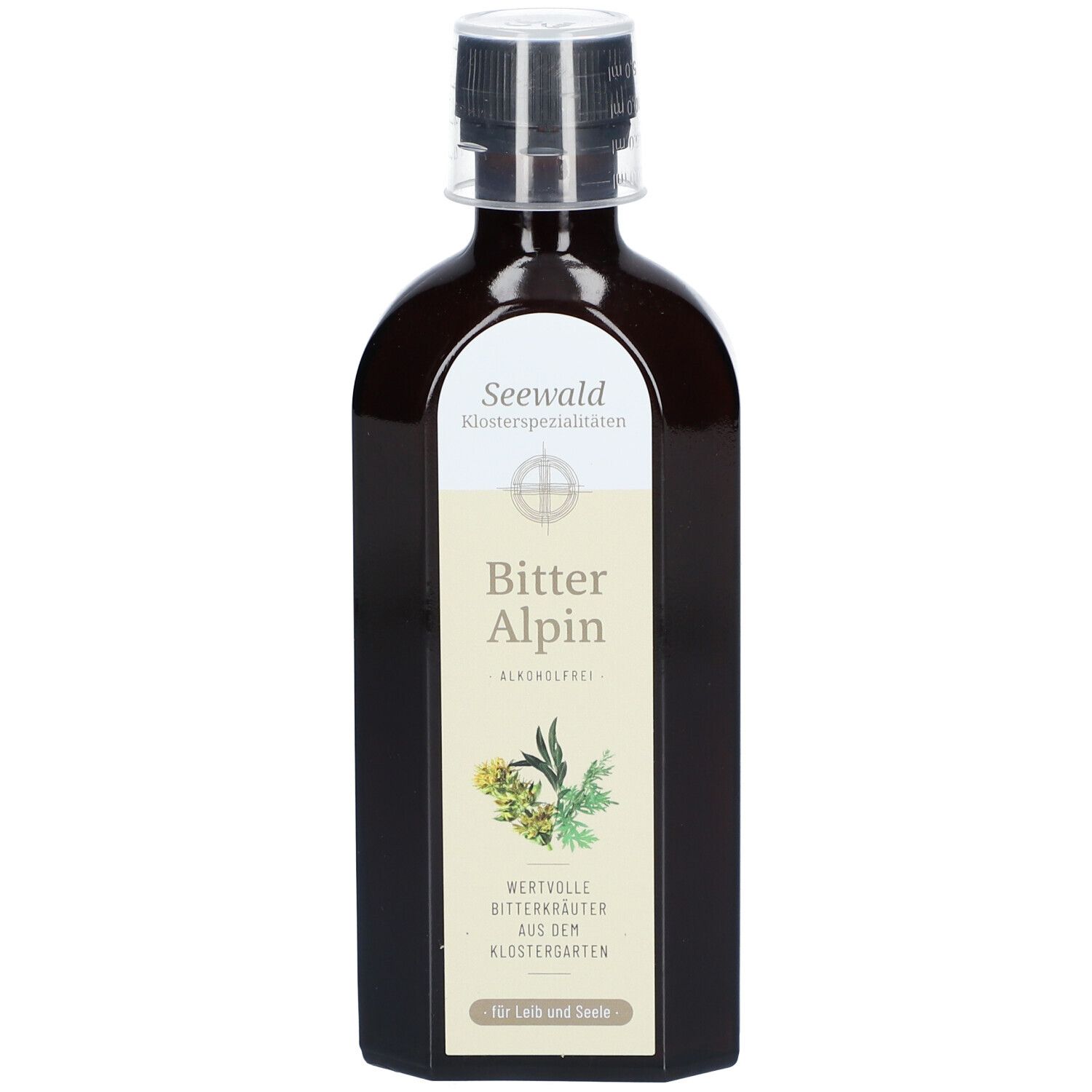 Braune Flasche mit weißem Etikett. Aufschrift: Bitter Alpin, alkoholfrei. Mit Kräuterabbildung.