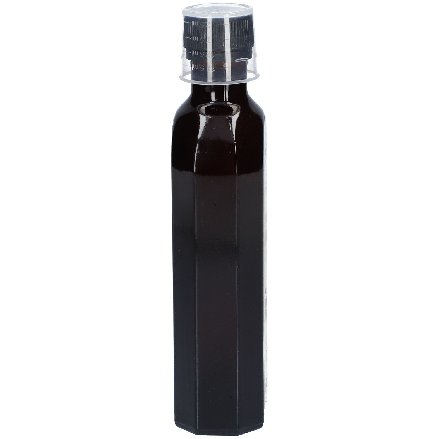 Braune, achteckige Flasche mit schwarzem Verschluss. Transparenter Kunststoffring am Hals.