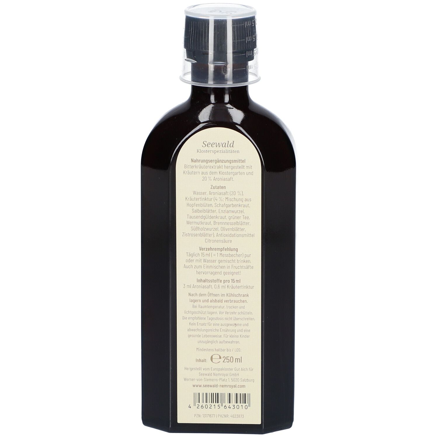 Braune Flasche mit weißem Etikett. Text: Inhaltsstoffe, Anwendung, Herstellerinformationen. 250 ml.