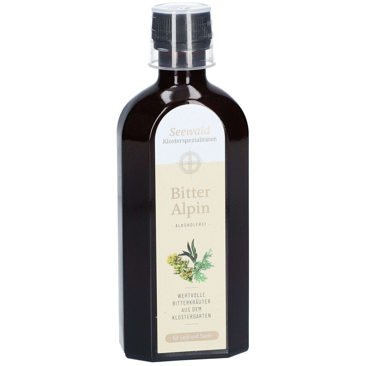 Braune Flasche mit weißem Etikett. Aufschrift: Bitter Alpin, alkoholfrei. Mit Kräuterabbildung.