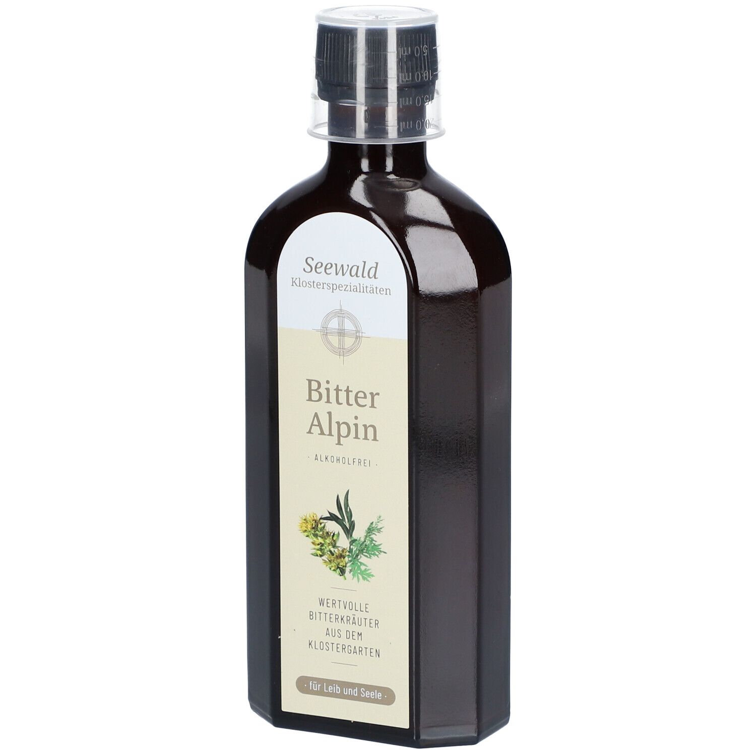 Braune Flasche mit weißem Etikett. Aufschrift: Bitter Alpin, alkoholfrei. Mit Kräuterabbildung.