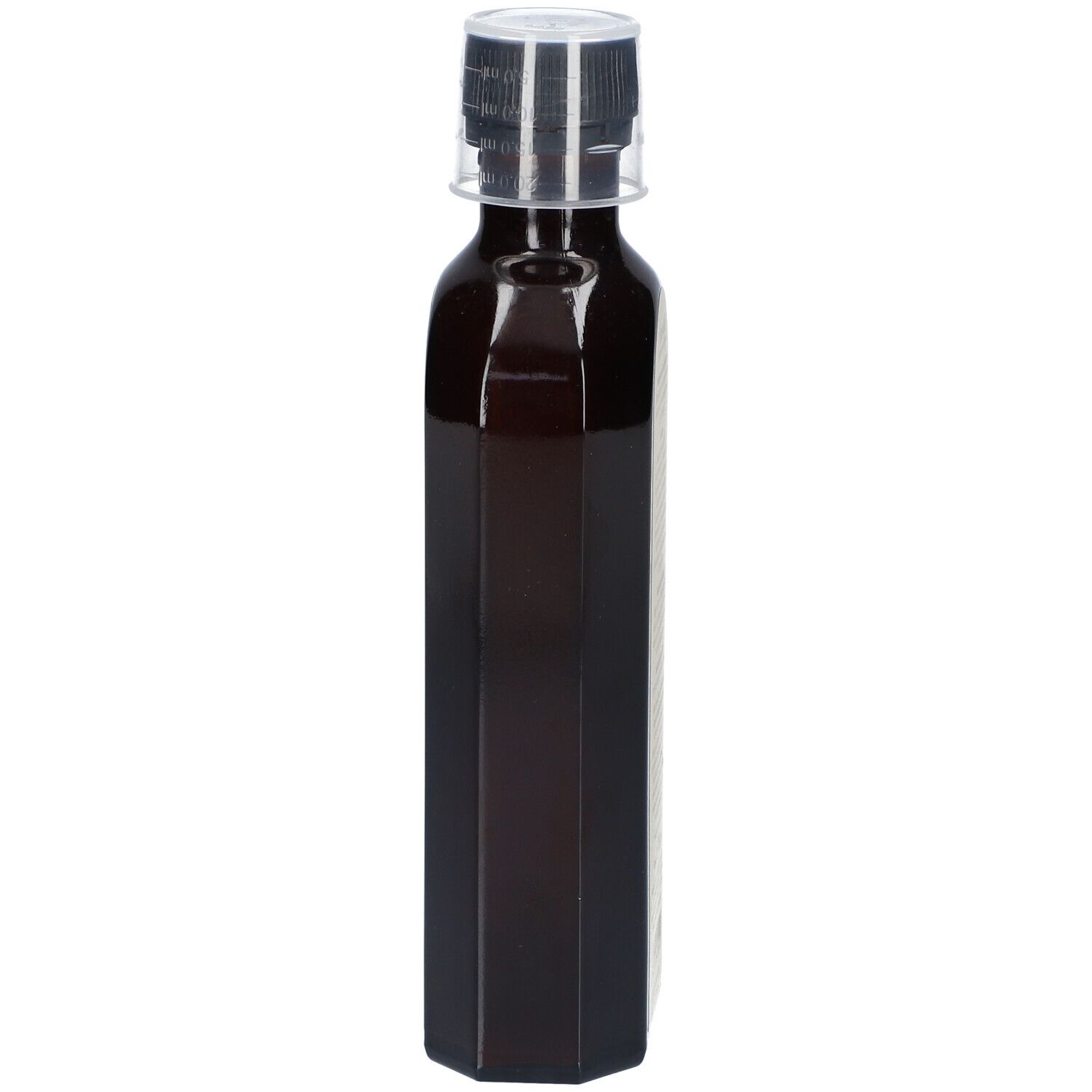 Braune, achteckige Flasche mit schwarzem Verschluss. Transparenter Kunststoffring am Hals.