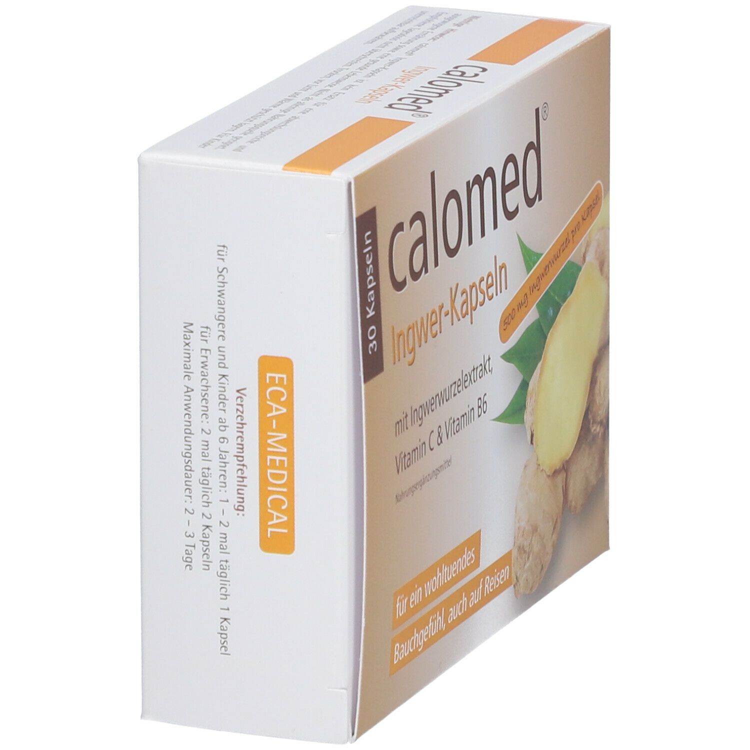 Schrägansicht der calomed® Ingwer-Kapseln-Verpackung. Aufschrift: 30 Kapseln, Ingwer-Kapseln, Ingwerwurzelextrakt, Vitamin C & B6. Eckige Schachtel.