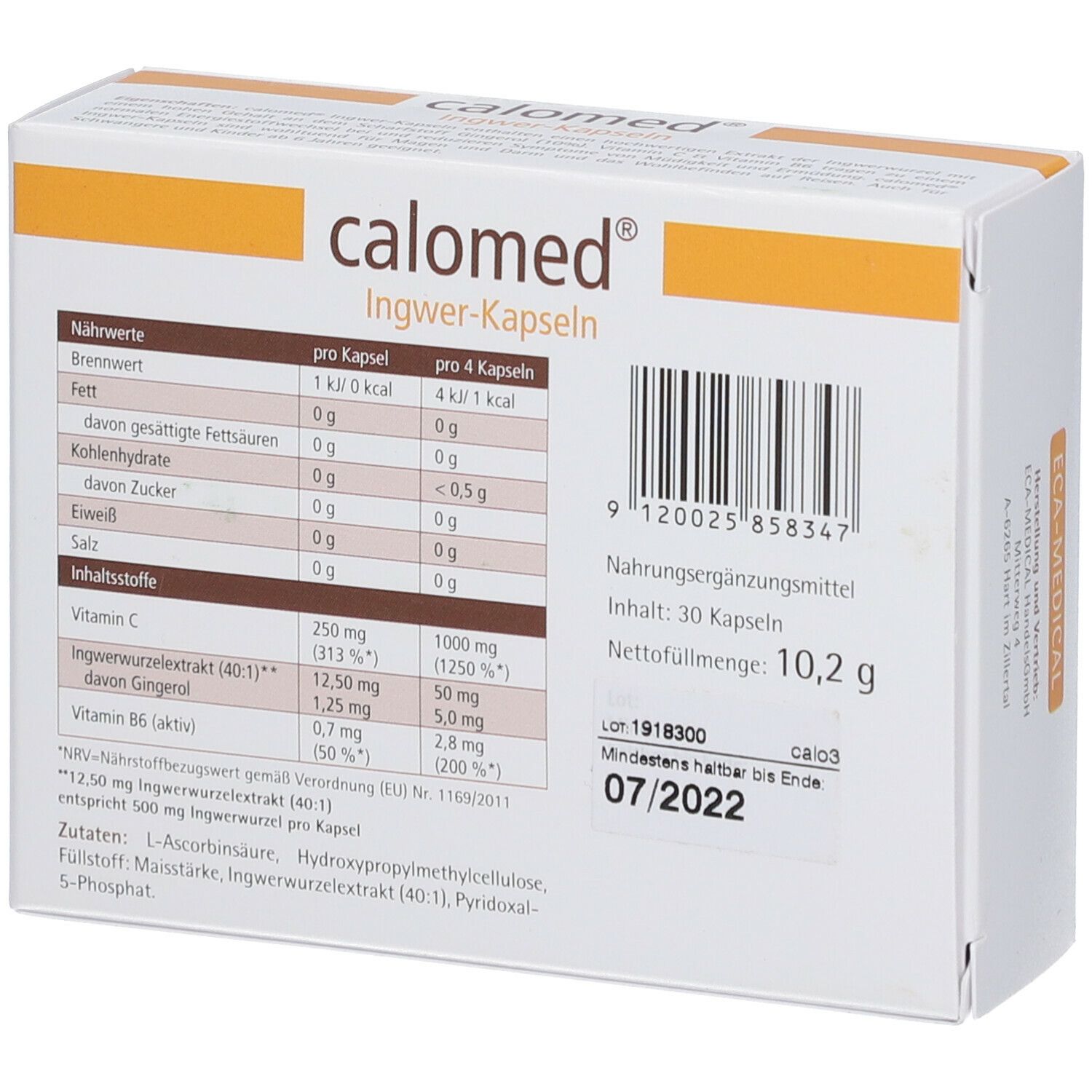 Rückseite der calomed® Ingwer-Kapseln-Verpackung. Enthält Nährwertangaben, Zutaten, und Mindesthaltbarkeitsdatum. Text in deutscher Sprache.